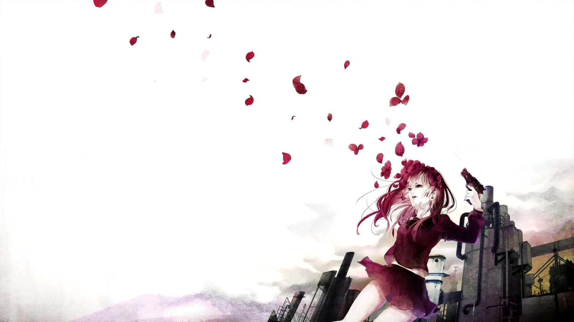 red-haired anime girl, maroon outfit, crimson petals, Full HD Desktop Wallpaper