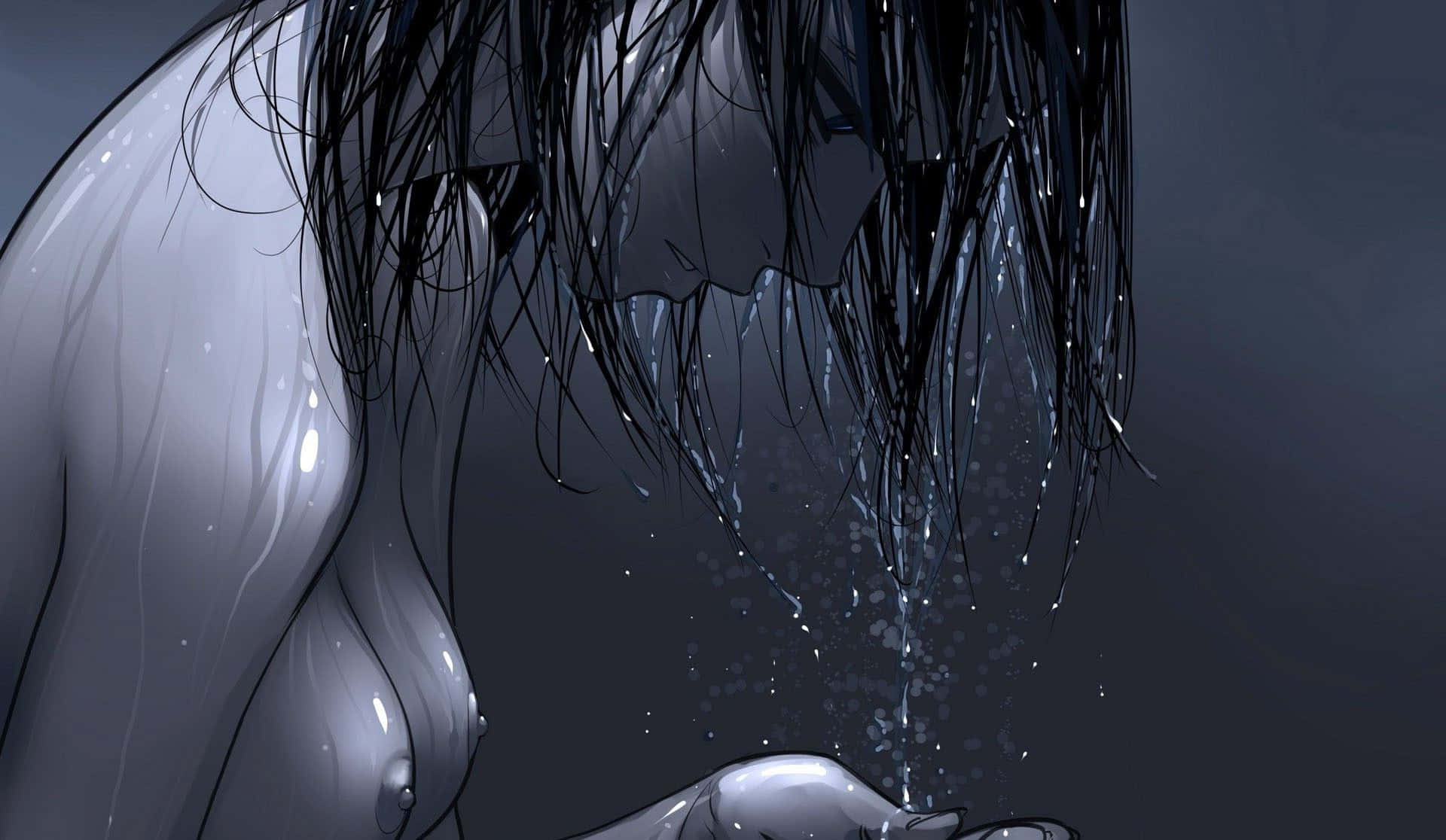 melancholic anime woman, wet black hair, water drips from her hair onto her hand, Full HD Desktop Wallpaper