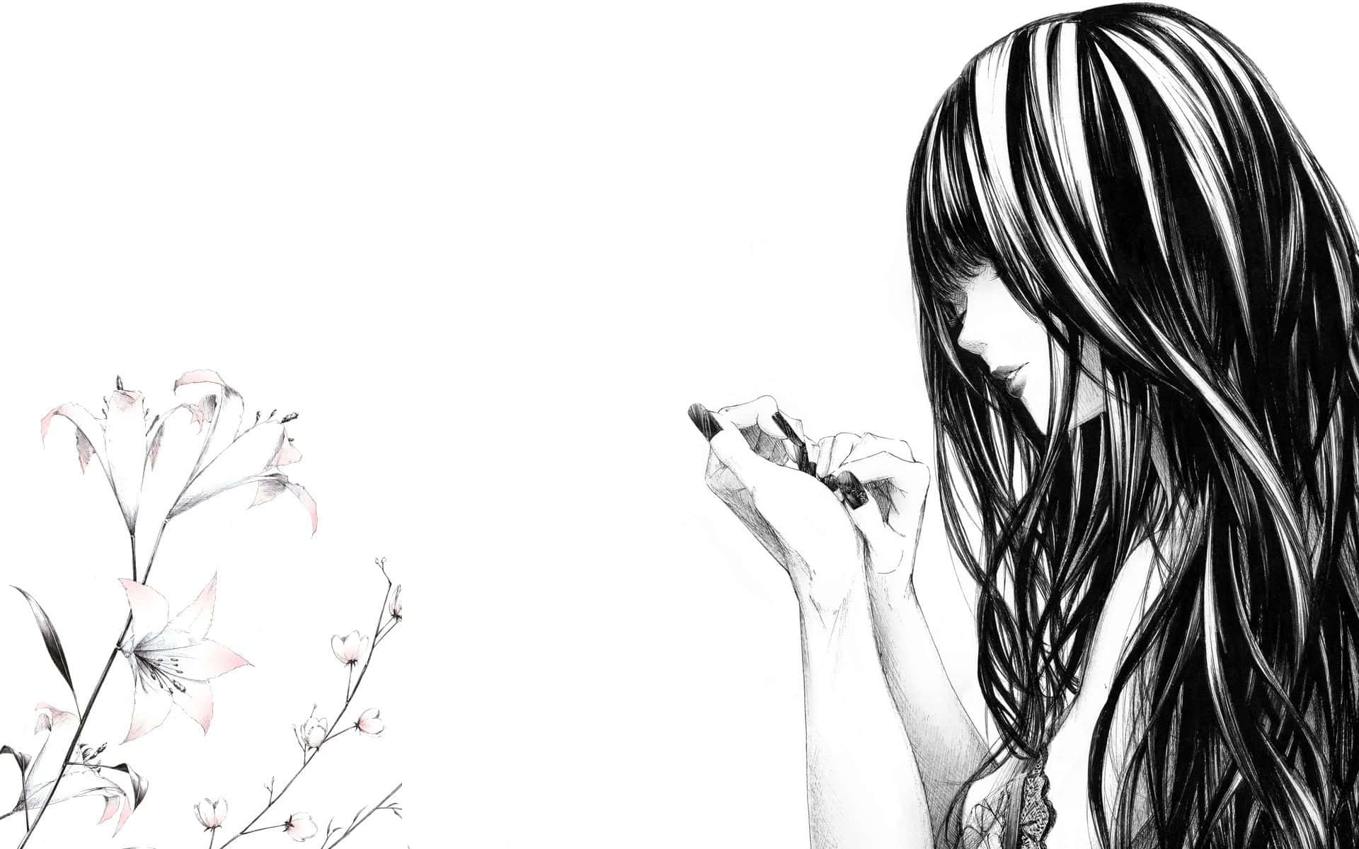black and white illustrated girl, long hair, pen, Full HD Desktop Wallpaper