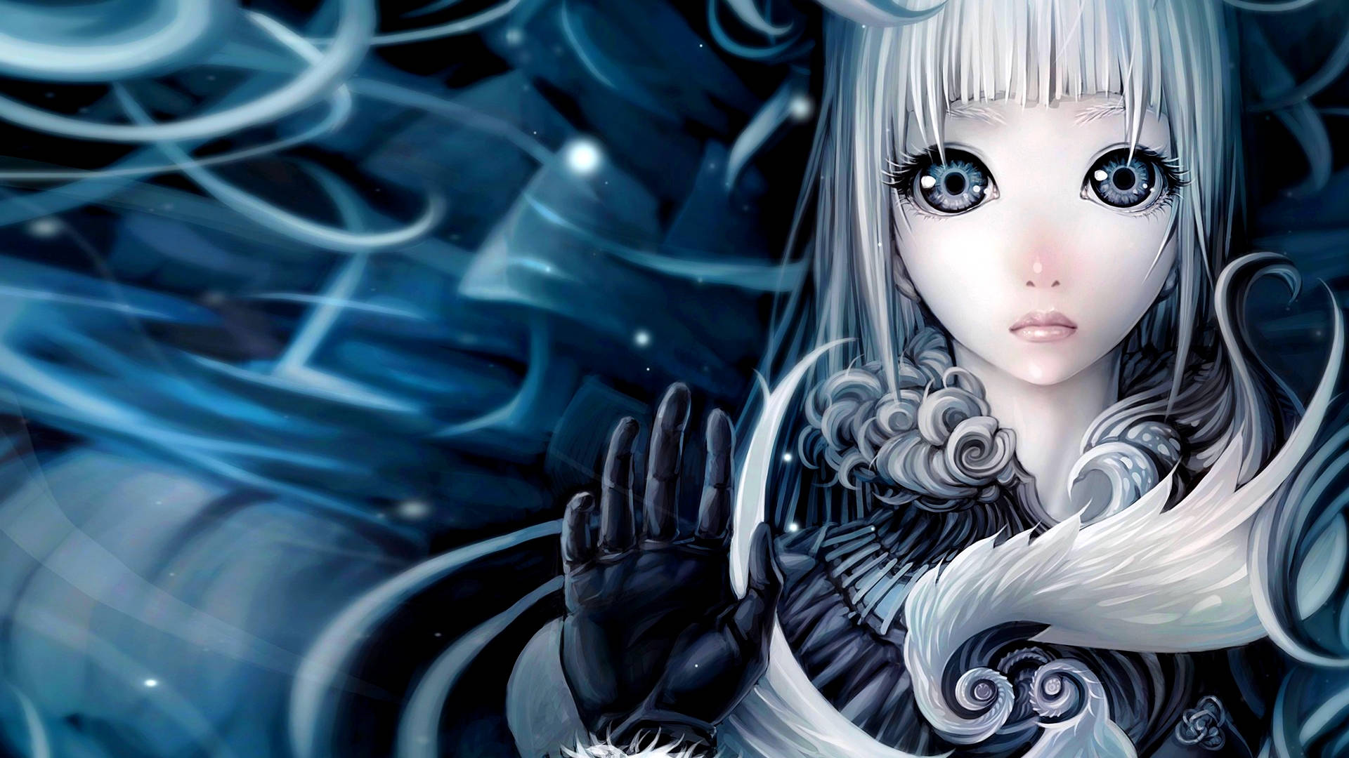 Gothic Sad Anime Girl, silver hair, glowing blue eyes, Full HD Desktop Wallpaper