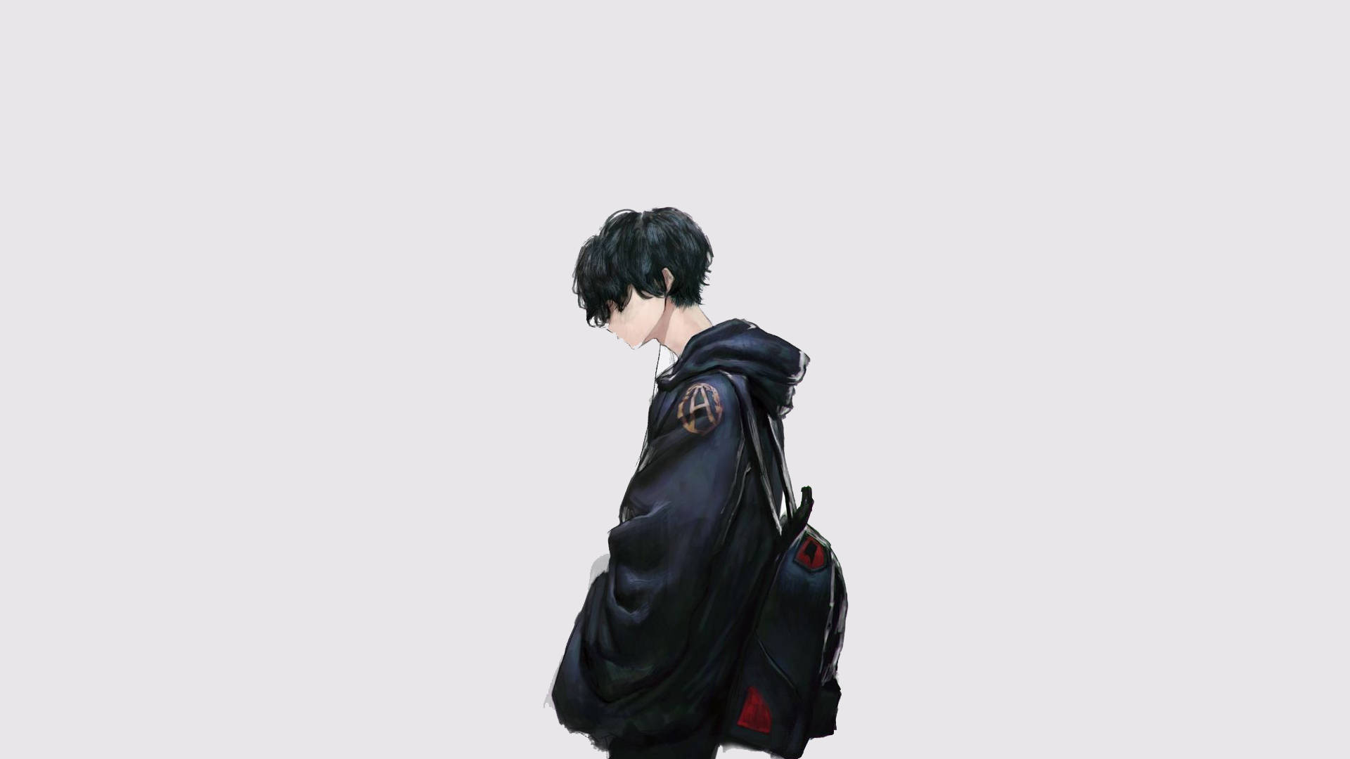 anime-style youth, dark hoodie, backpack, Full HD Desktop Wallpaper