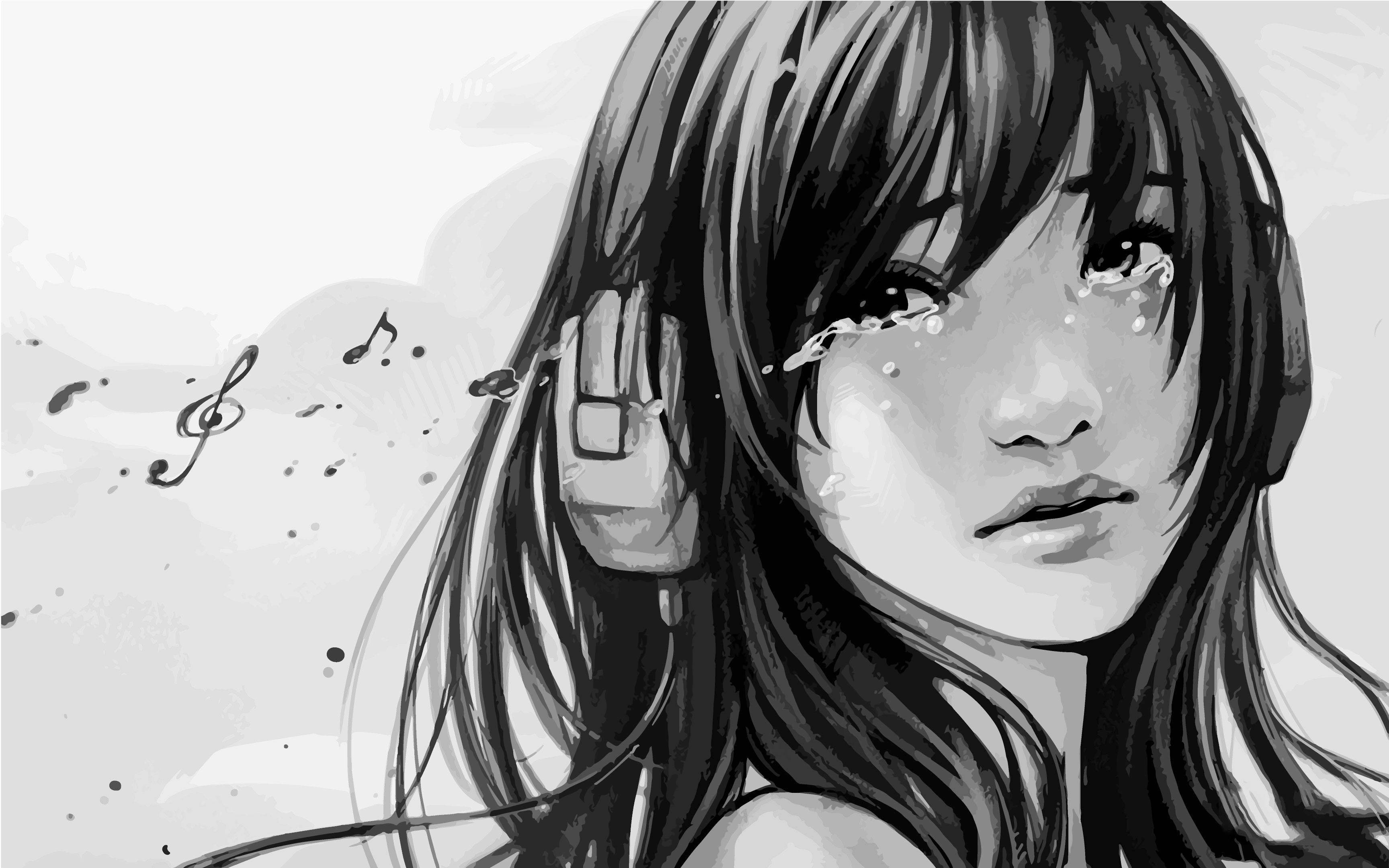 pencil art, sad anime girl, headphones, 2K Desktop Wallpaper