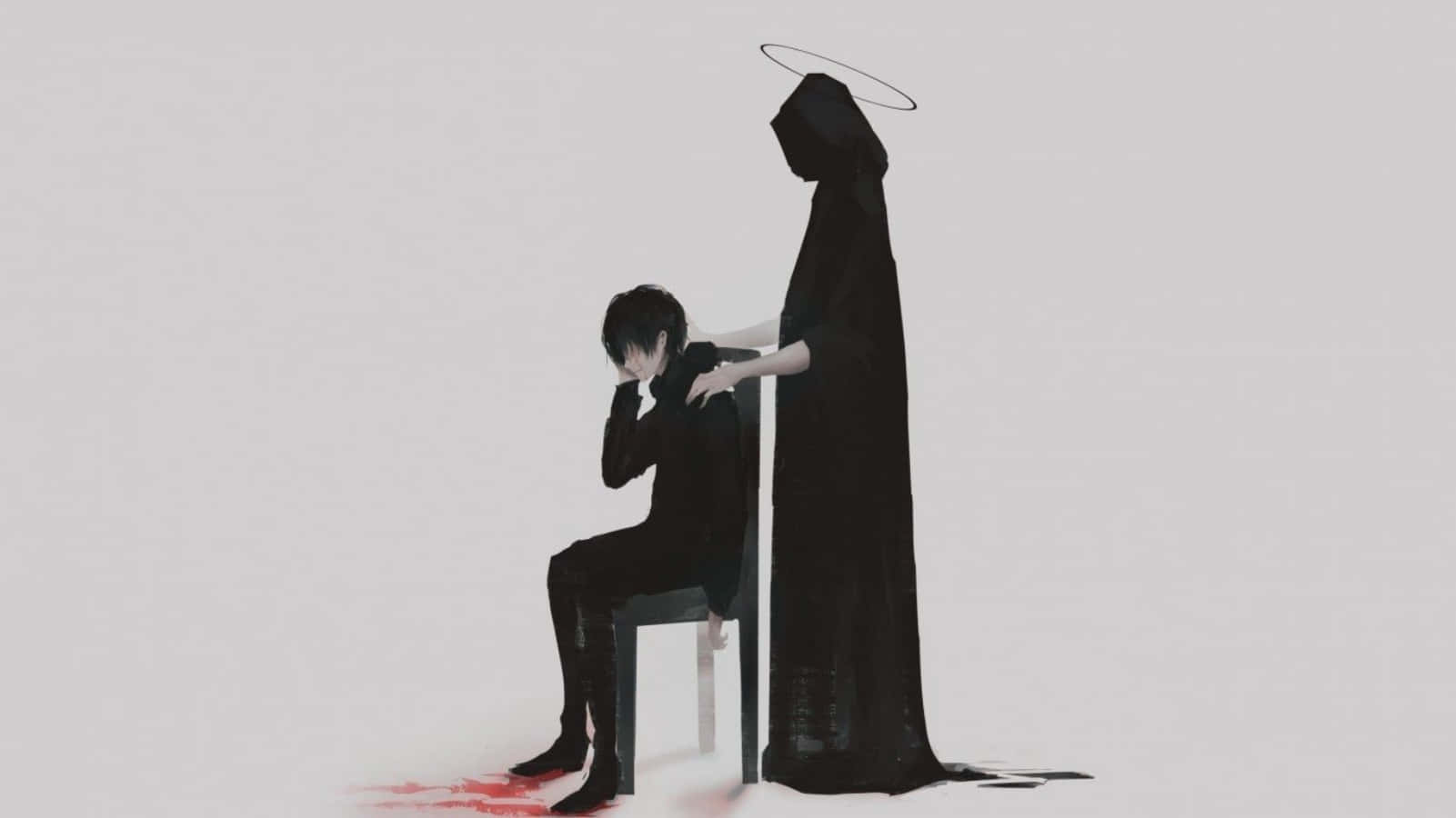 hooded figure, halo, seated boy, HD Desktop Wallpaper