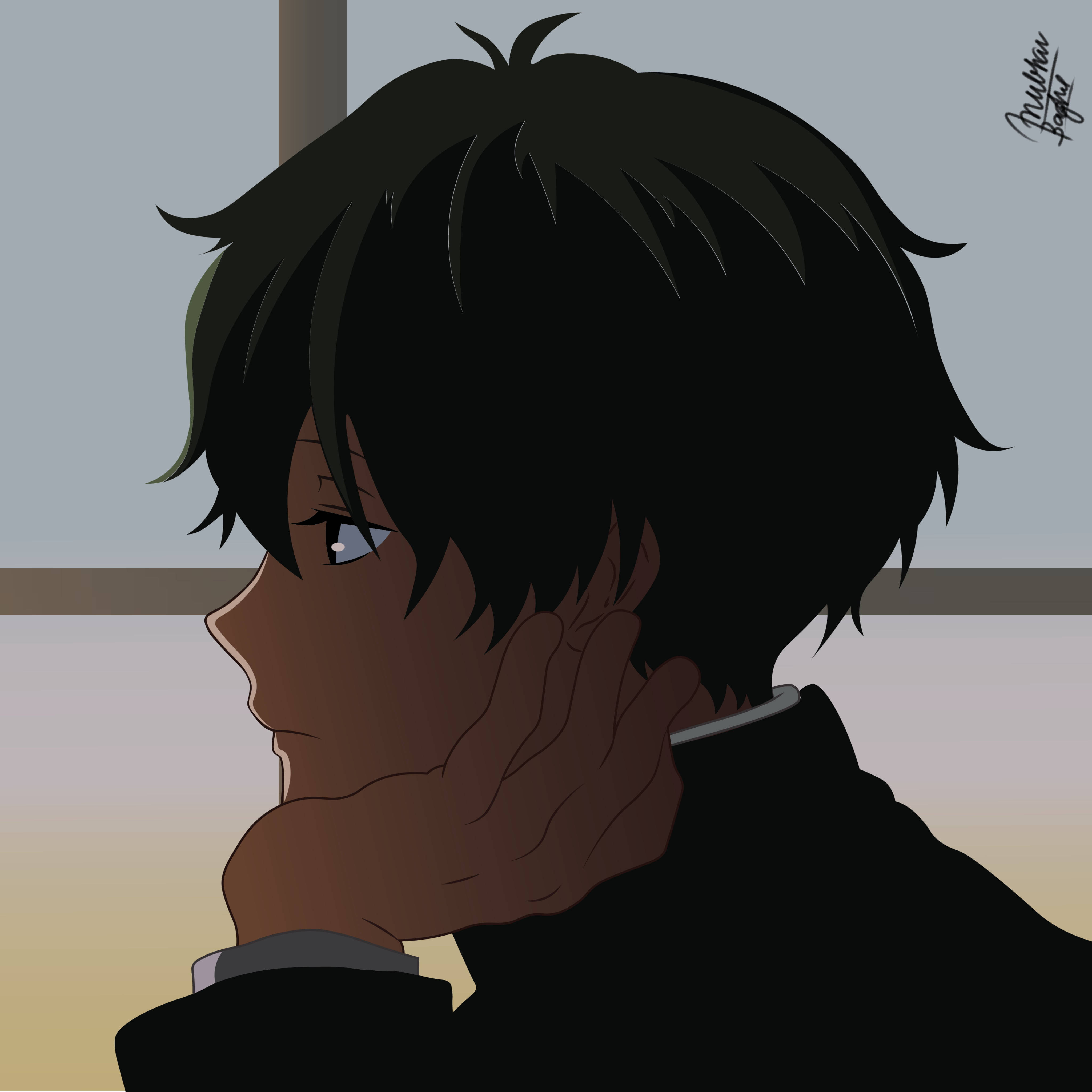 Anime boy with dark hair gazes thoughtfully out a window while resting his chin on his hand., 4K Desktop Wallpaper