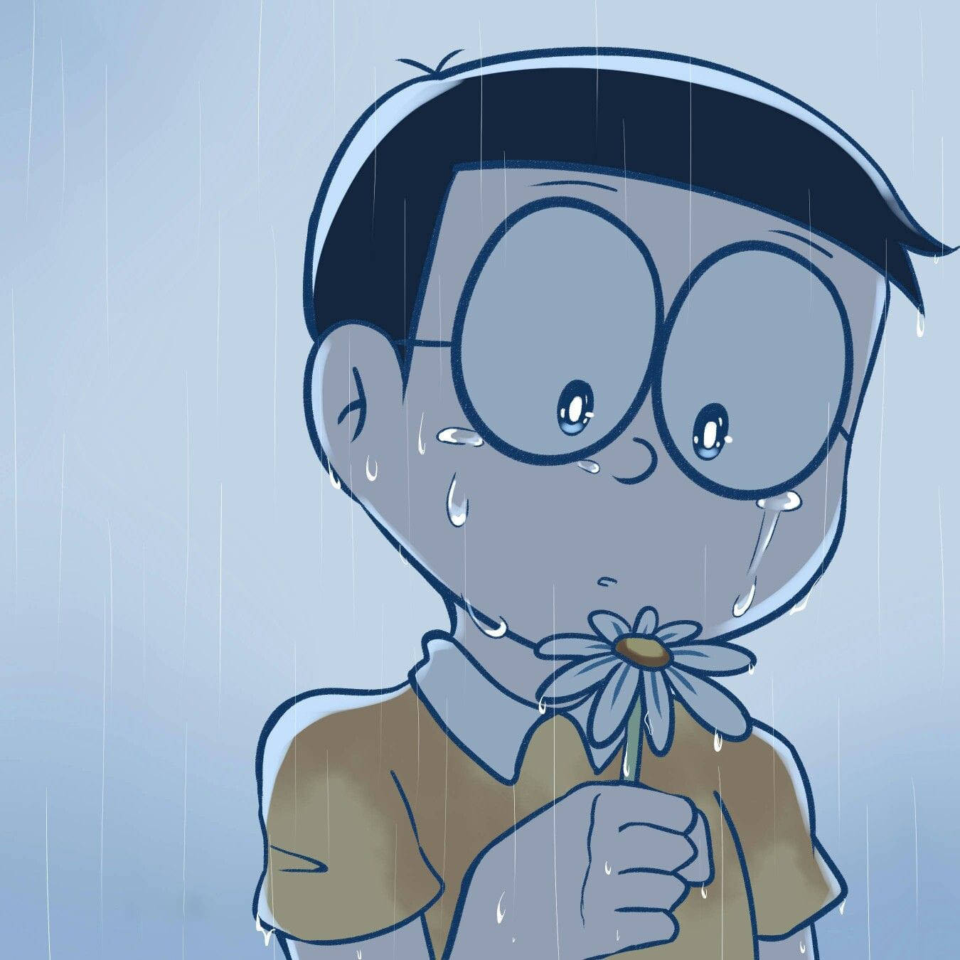 Sad Nobita Holding Flower Doraemon, HD Desktop Wallpaper