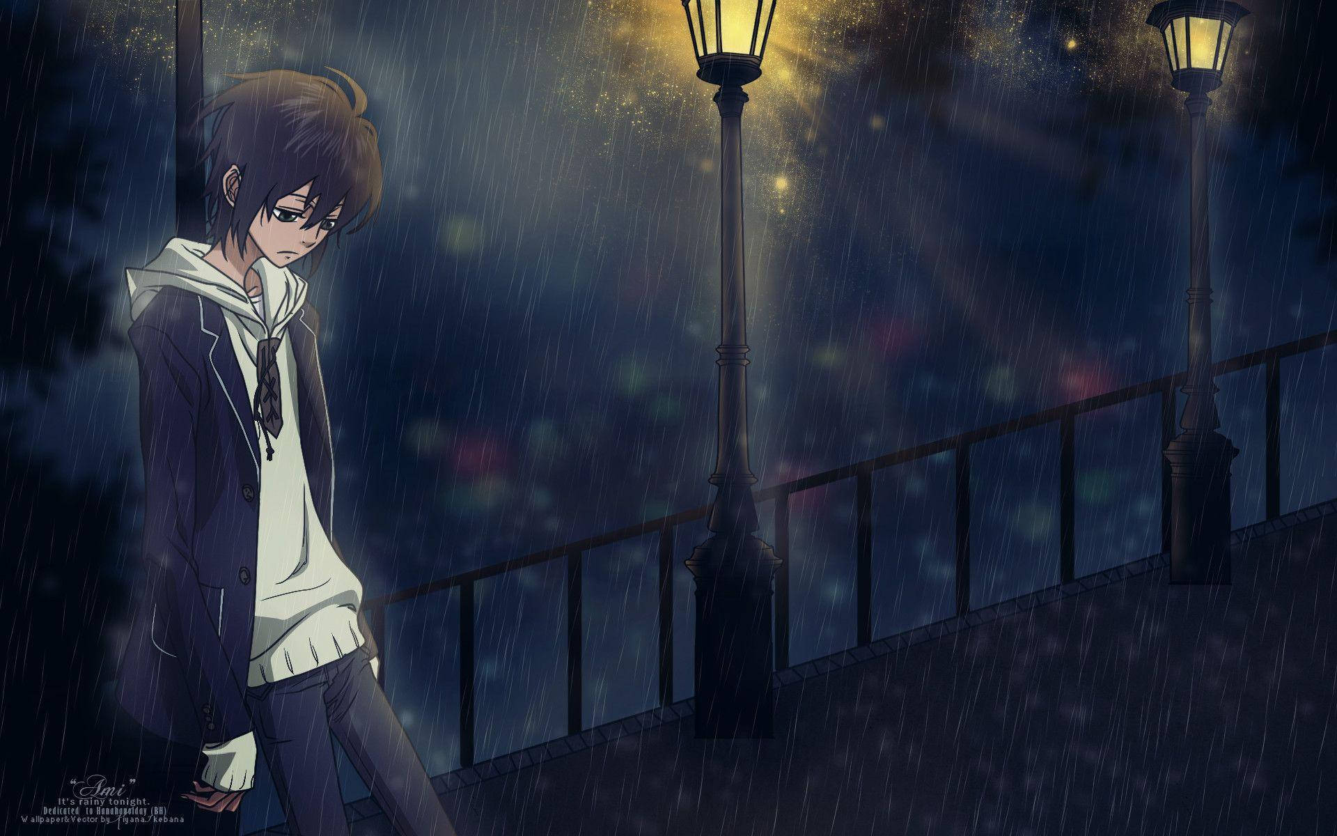 A lone anime boy walks under rain-slicked streetlights on a dark night, glowing bokeh lights shimmering in the wet air., Full HD Desktop Wallpaper