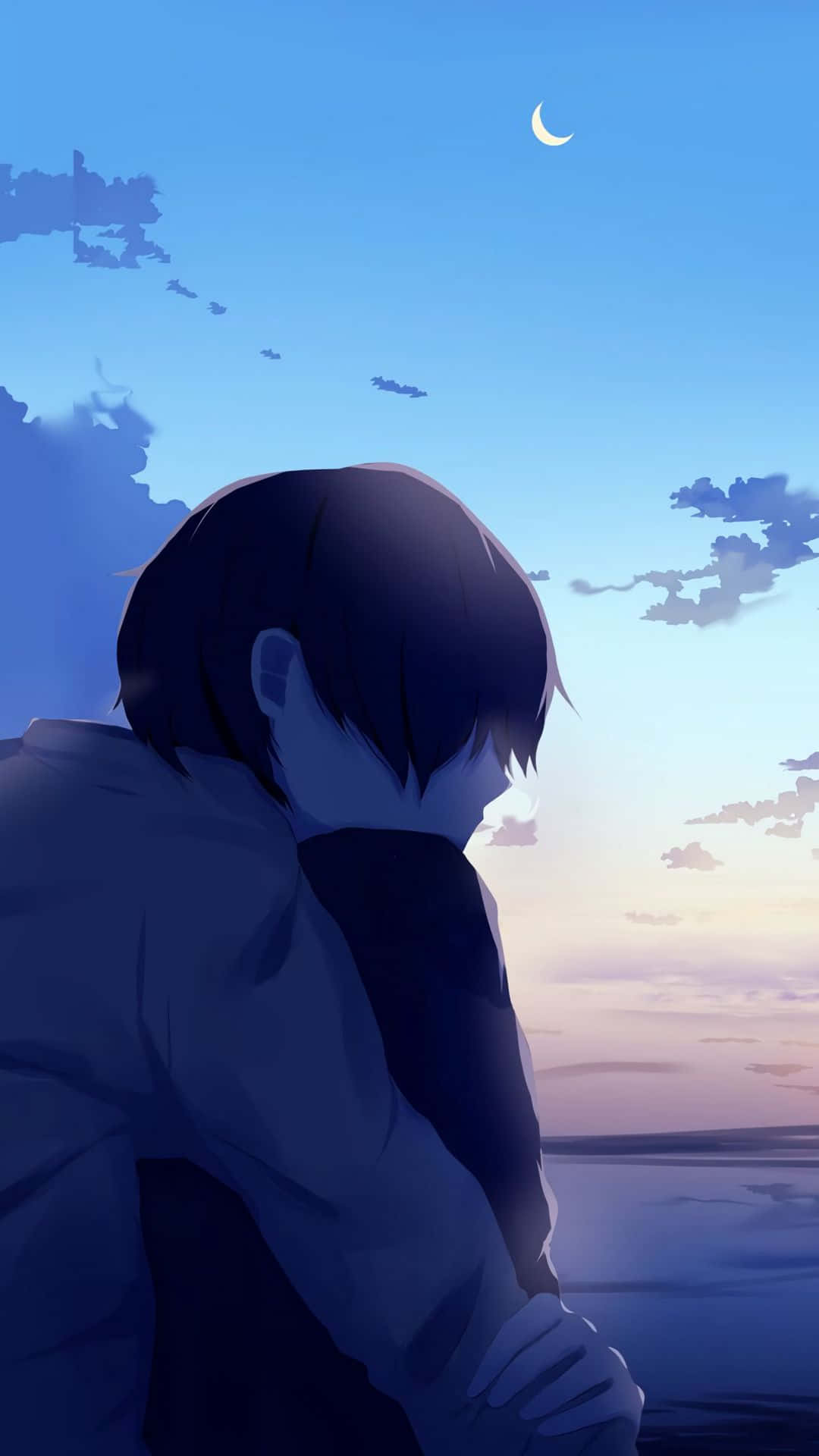 anime boy, crescent moon, calm ocean, Full HD Phone Wallpaper