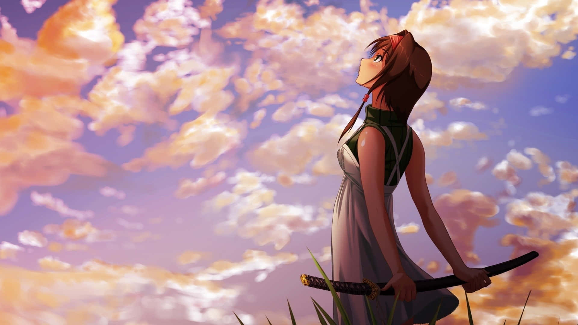 anime girl, katana, grass, Full HD Desktop Wallpaper