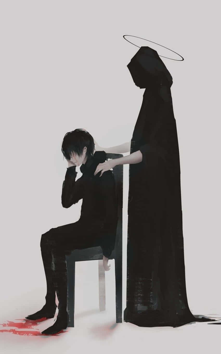 dark-robed angel, halo, seated, distressed young man, HD Phone Wallpaper