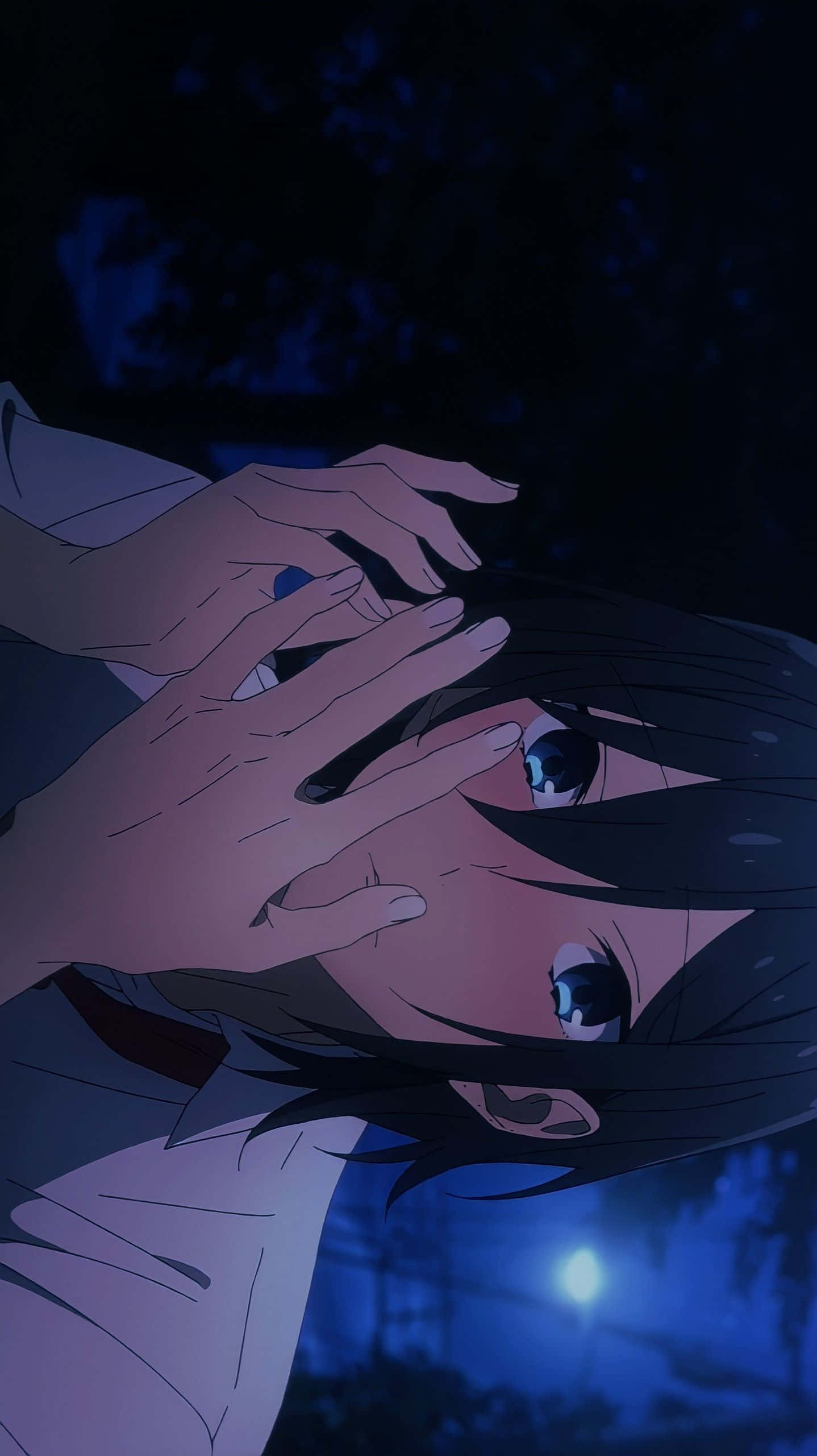 Mournful Goodbye, dark hair, wide eyes, 2K Phone Wallpaper