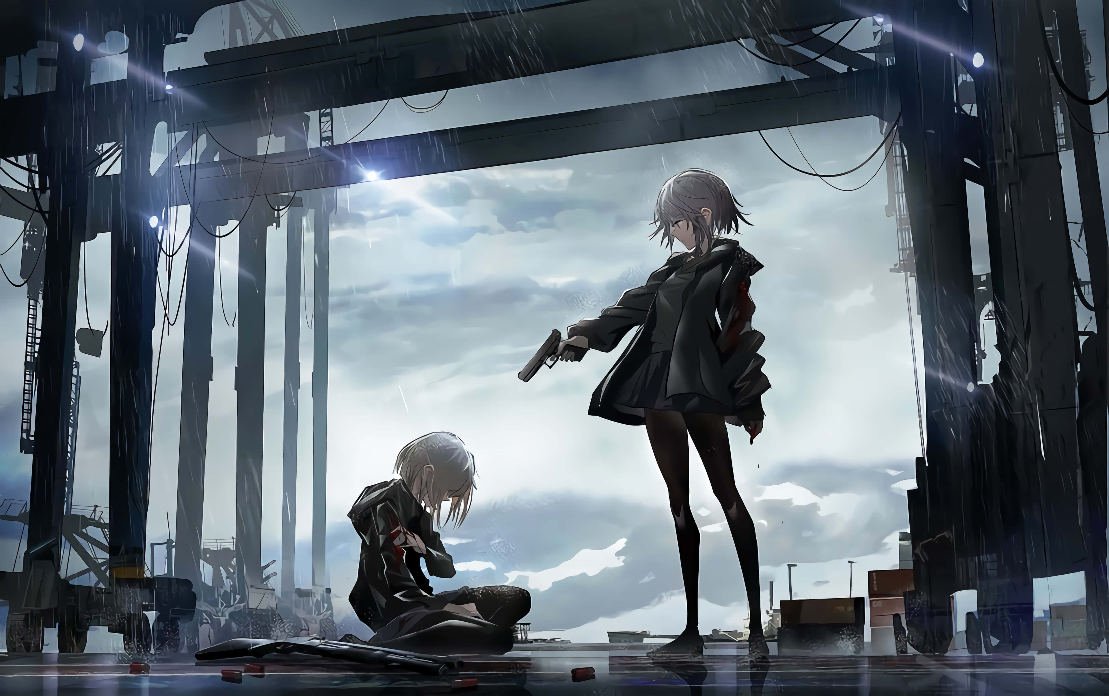 Sad Anime Death, rainy industrial ruin, two anime girls, 4K Desktop Wallpaper
