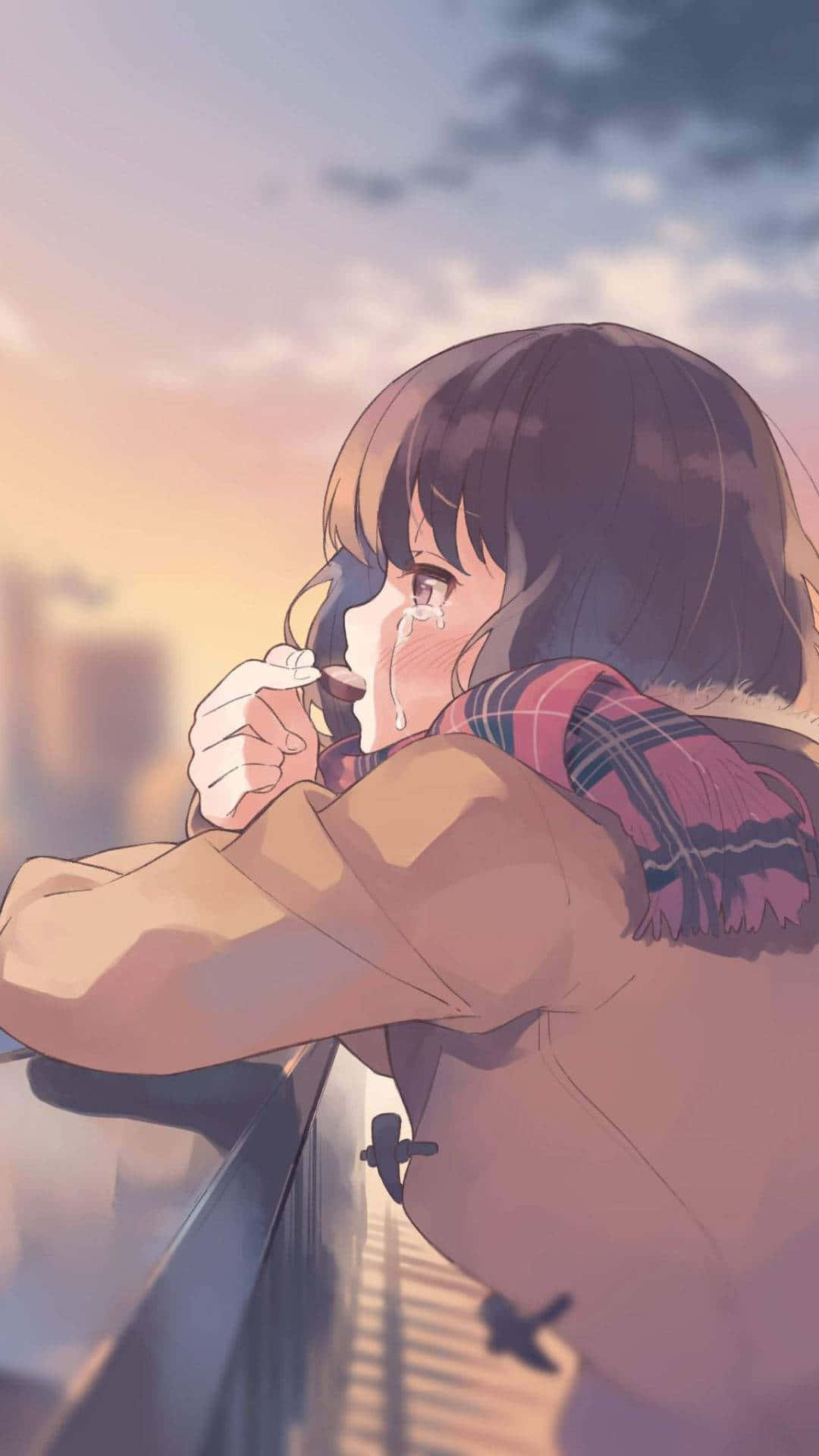 anime girl, brown hair, railing, Full HD Phone Wallpaper