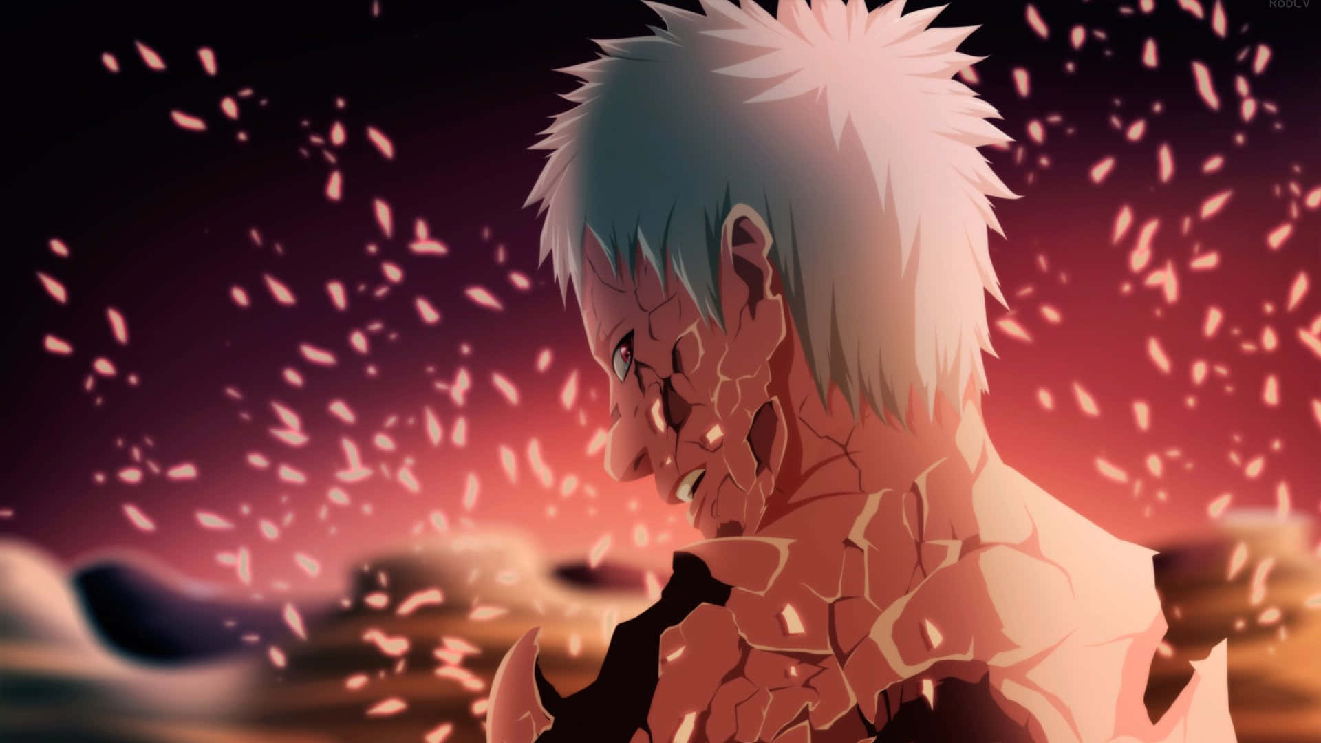 spiky white hair, cracked skin, fiery red sky, Full HD Desktop Wallpaper