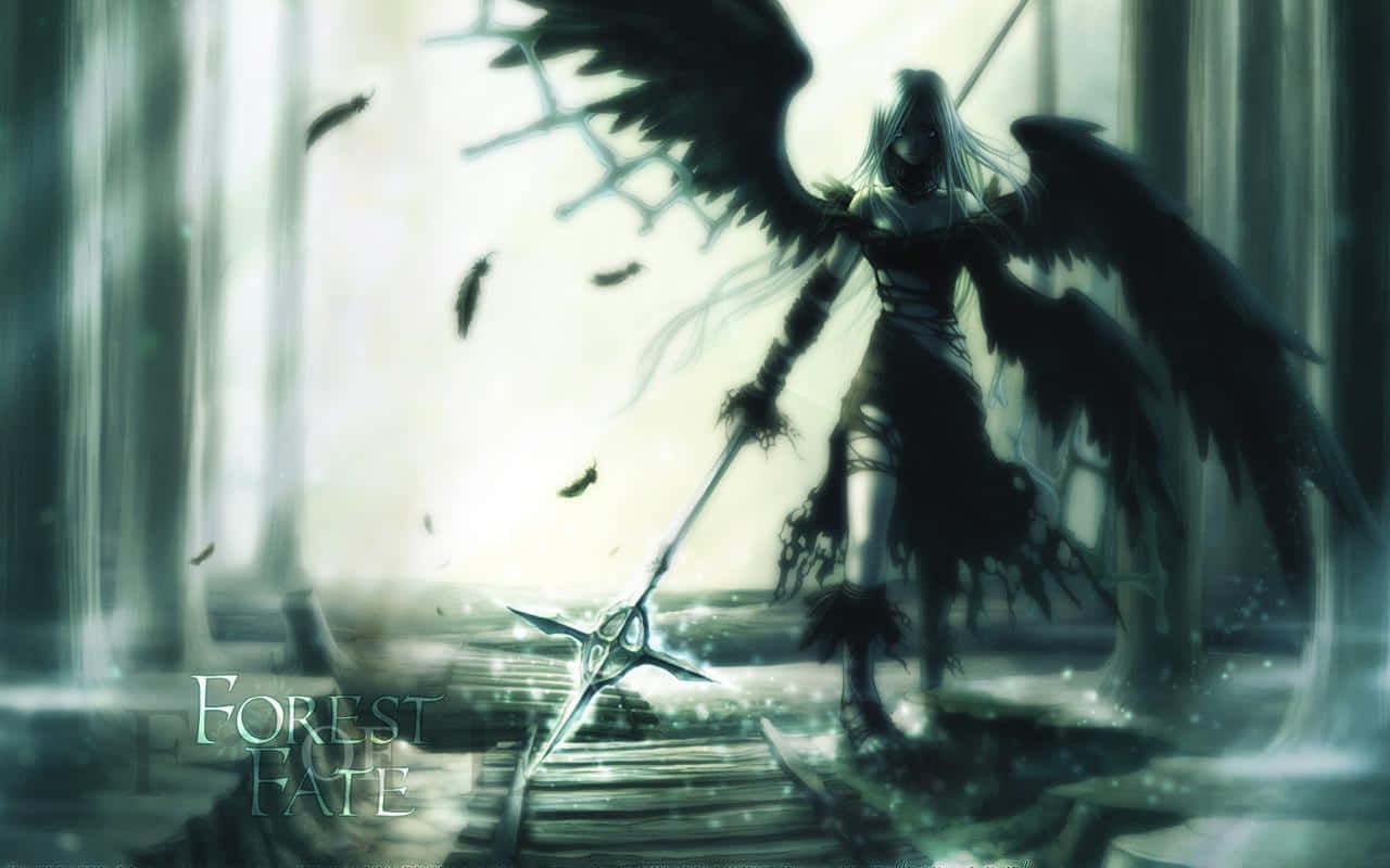 dark-winged angelic warrior, misty forest, long spear, HD Desktop Wallpaper