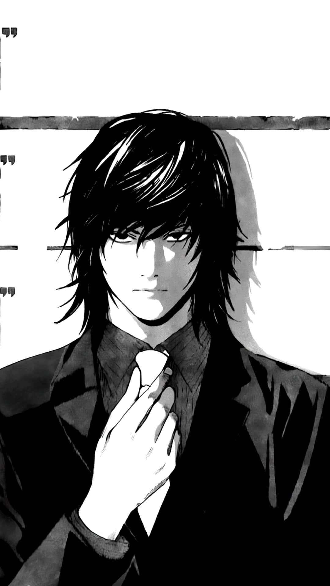 black and white anime portrait, man with tousled hair, adjusting his tie, Full HD Phone Wallpaper