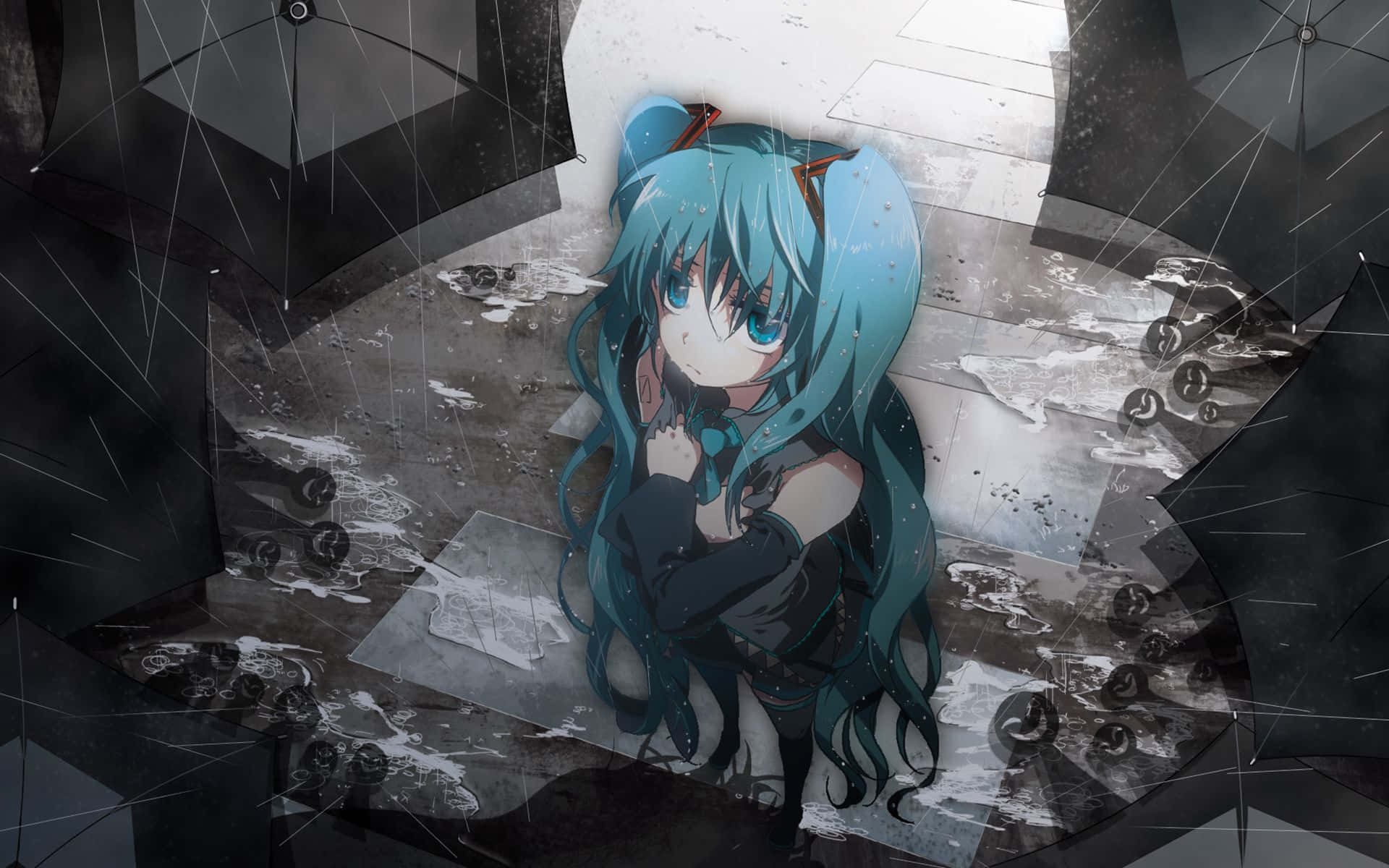 blue-haired anime girl, cat ears, broken umbrellas, Full HD Desktop Wallpaper