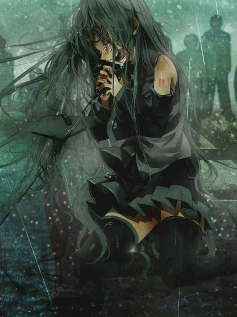 anime girl, long dark hair, rain, SD Phone Wallpaper