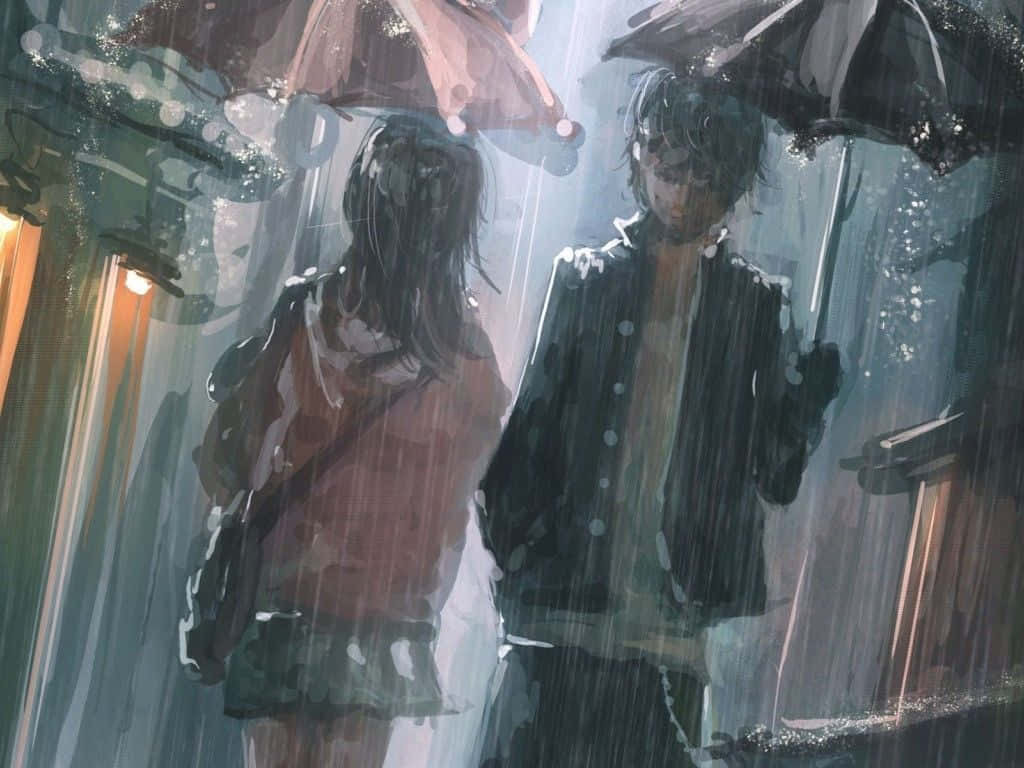 Sad Anime Art, umbrellas, heavy rain, SD Desktop Wallpaper