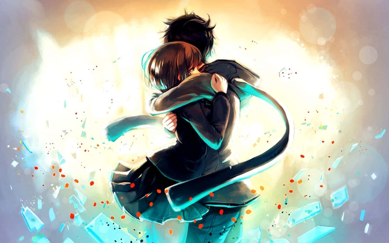 Sad Anime Art, glowing backdrop, floating glass shards, HD Desktop Wallpaper
