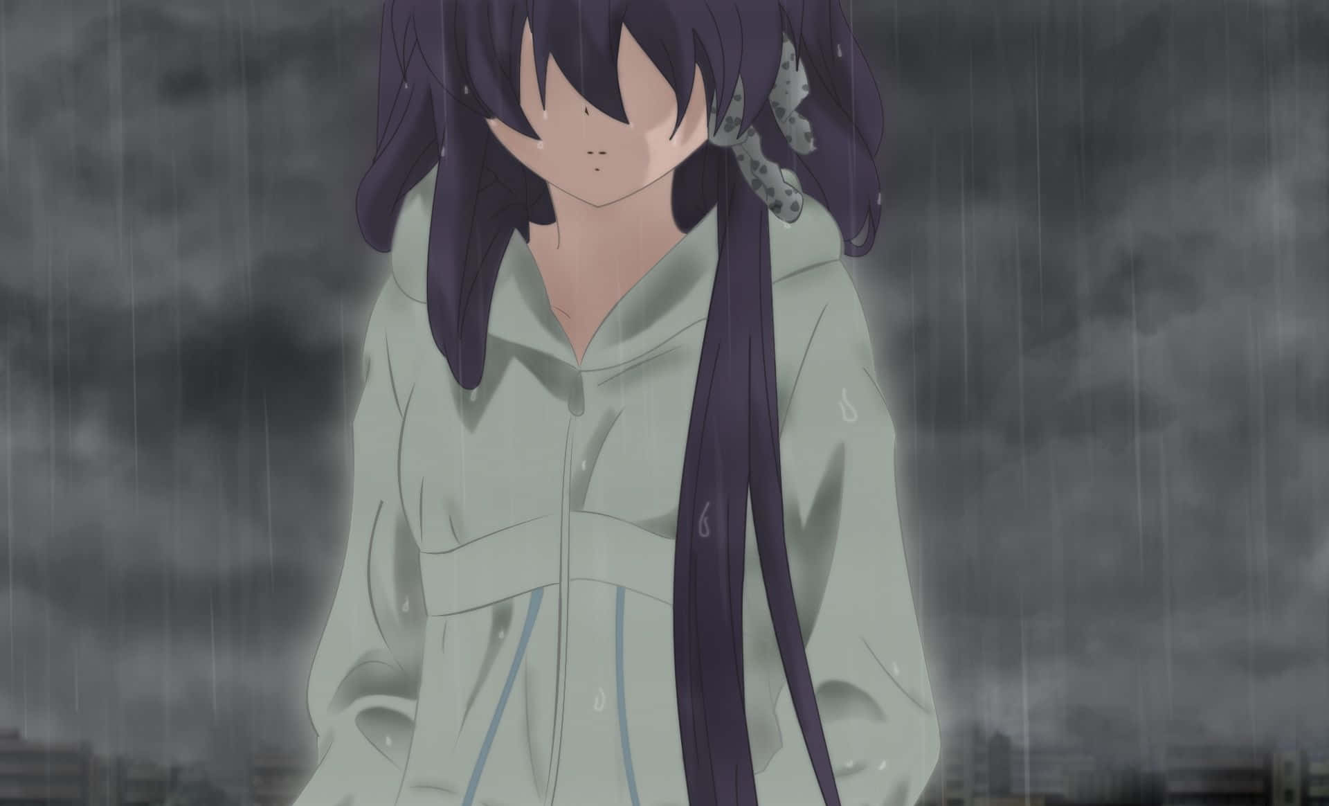 anime girl, purple hair, rain, Full HD Desktop Wallpaper