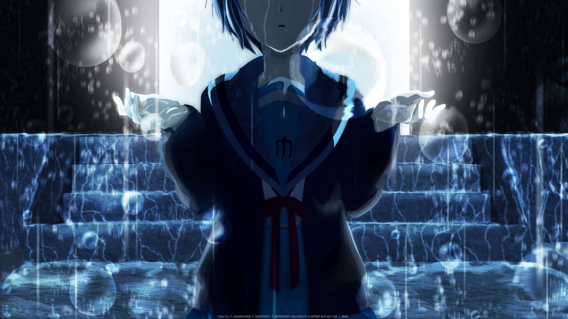 blue-haired anime girl, school uniform, glowing stairs, Full HD Desktop Wallpaper