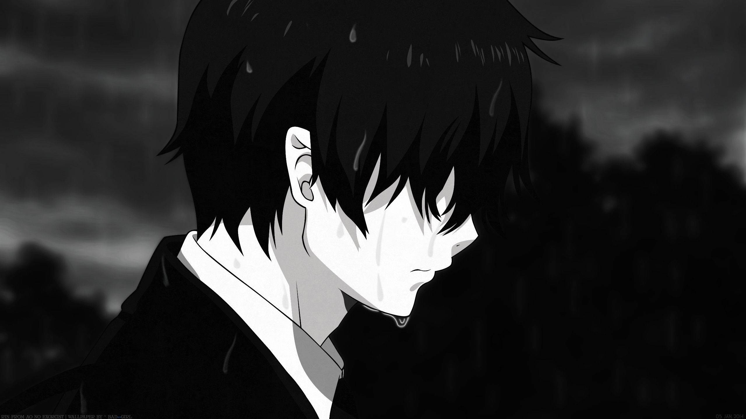 sad anime boy, melancholic anime boy, wet hair, 2K Desktop Wallpaper
