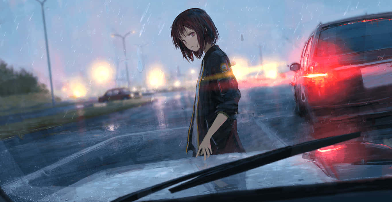 anime girl, rain, car, HD Desktop Wallpaper
