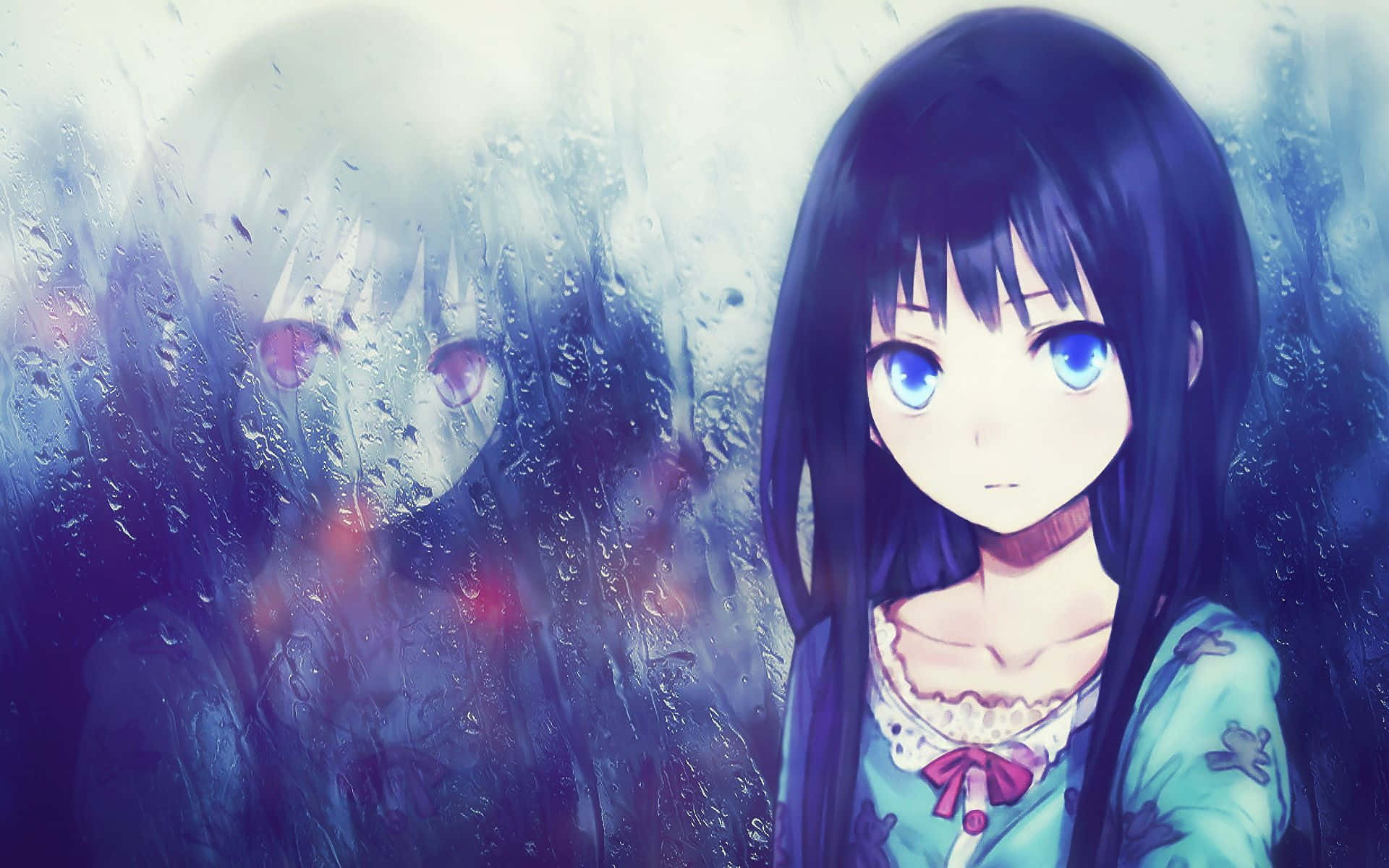 melancholic anime girl, blue eyes, ghostly figure, Full HD Desktop Wallpaper