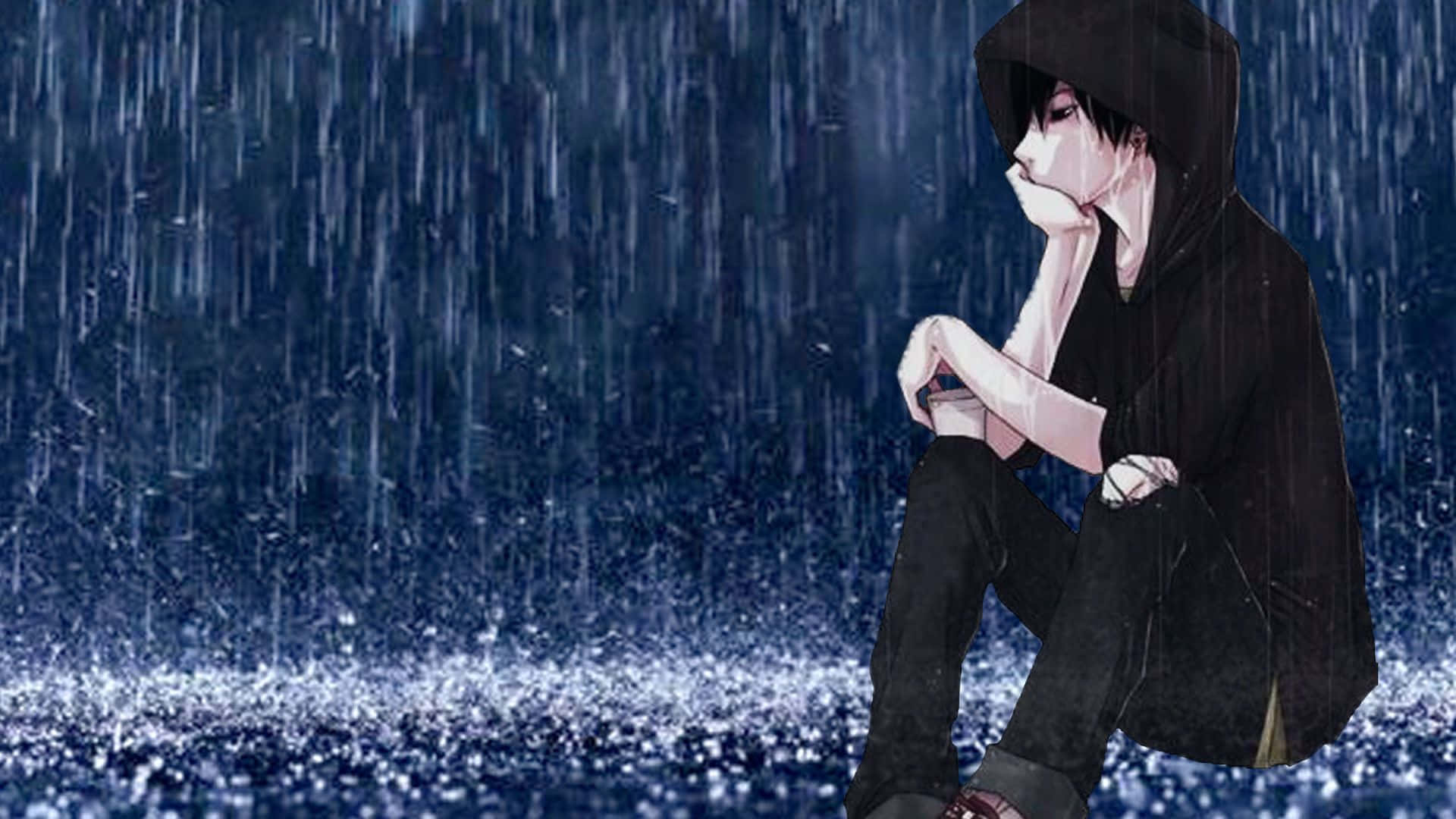 anime teen, black hoodie, heavy rain, Full HD Desktop Wallpaper