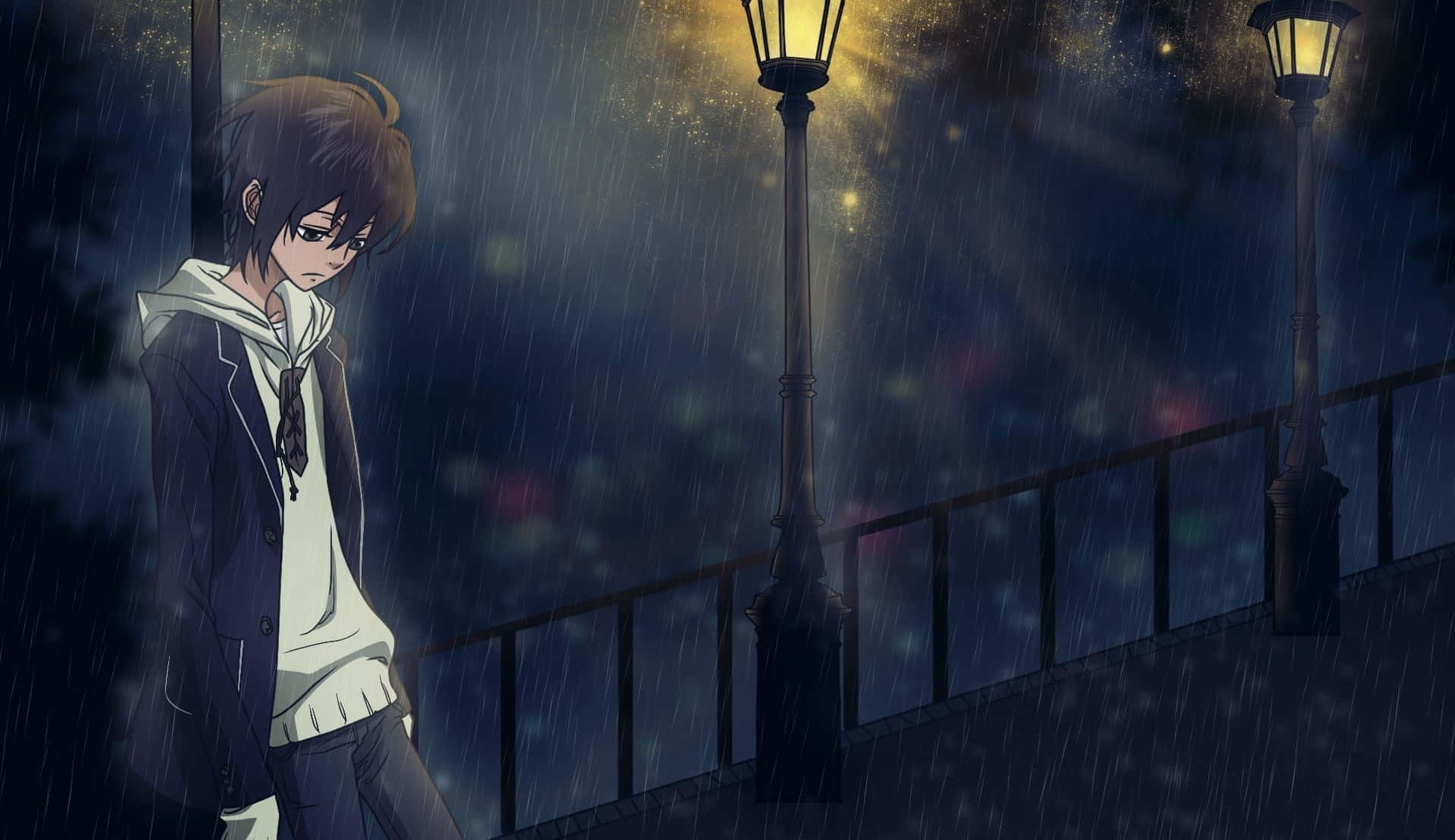 anime boy, rain-slicked streetlights, dark bridge, Full HD Desktop Wallpaper