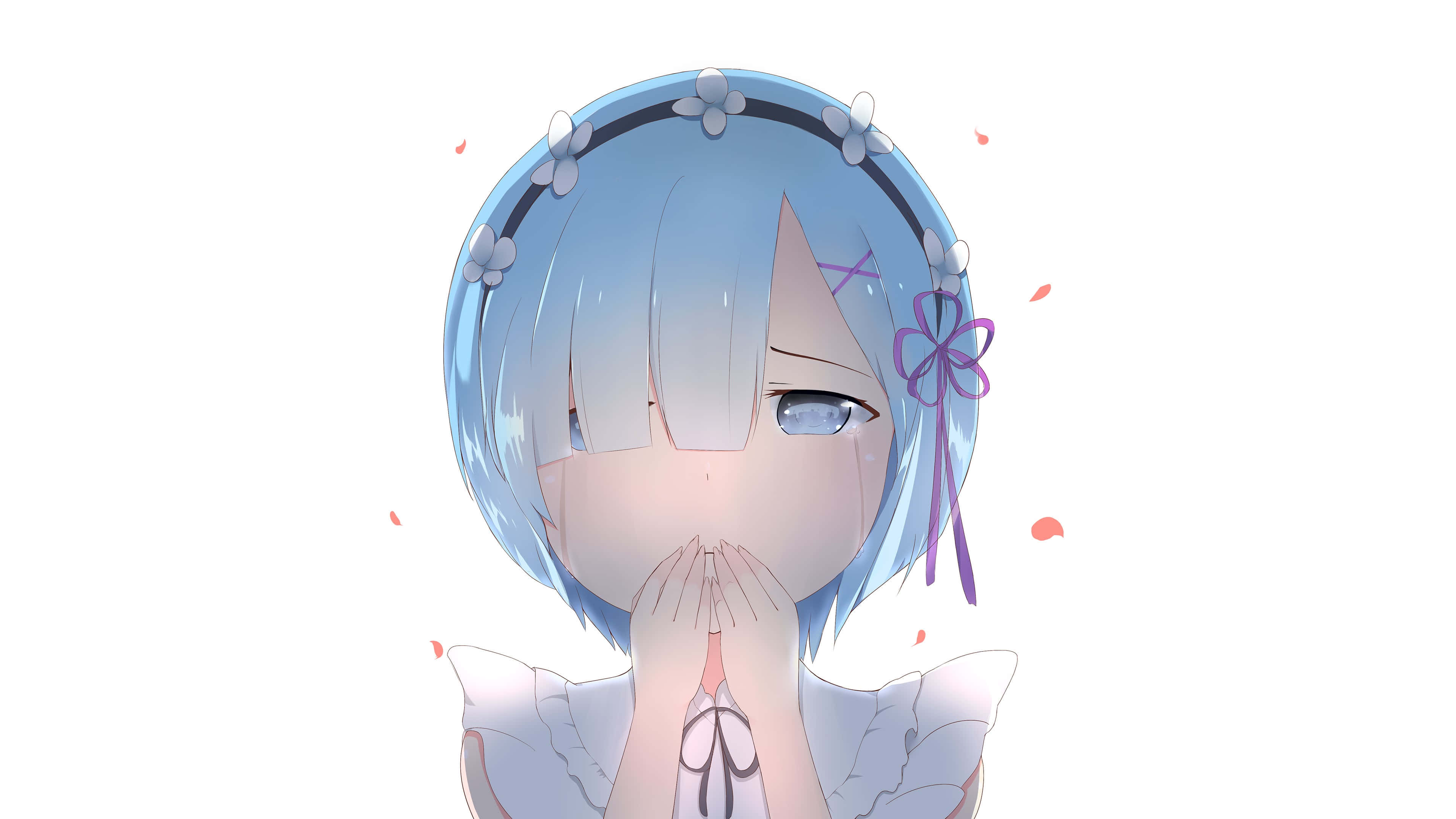 blue-haired anime girl, floral headband, soft pink petals, 4K Desktop Wallpaper