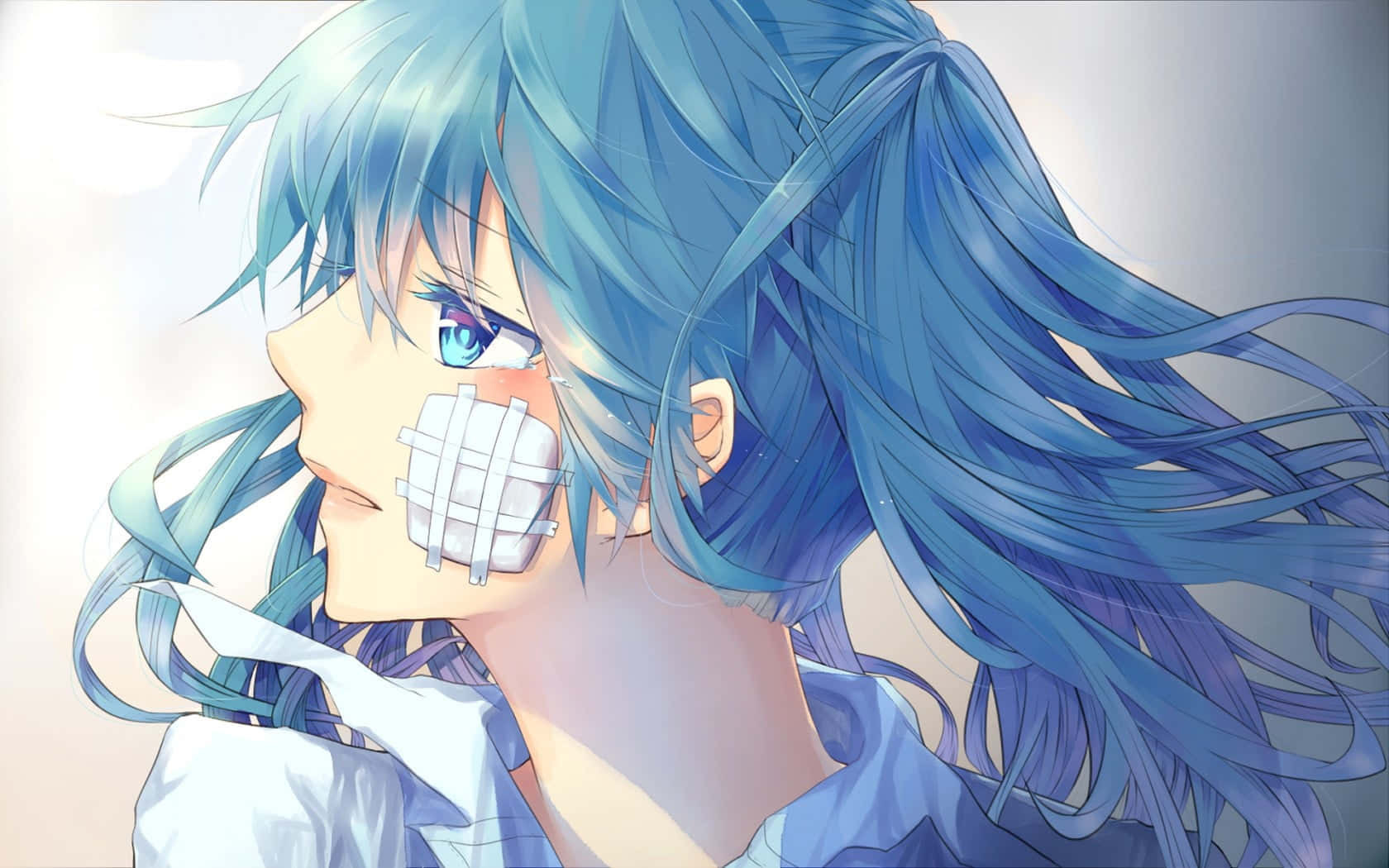 blue-haired anime girl, white grid mask, sideways gaze, HD Desktop Wallpaper