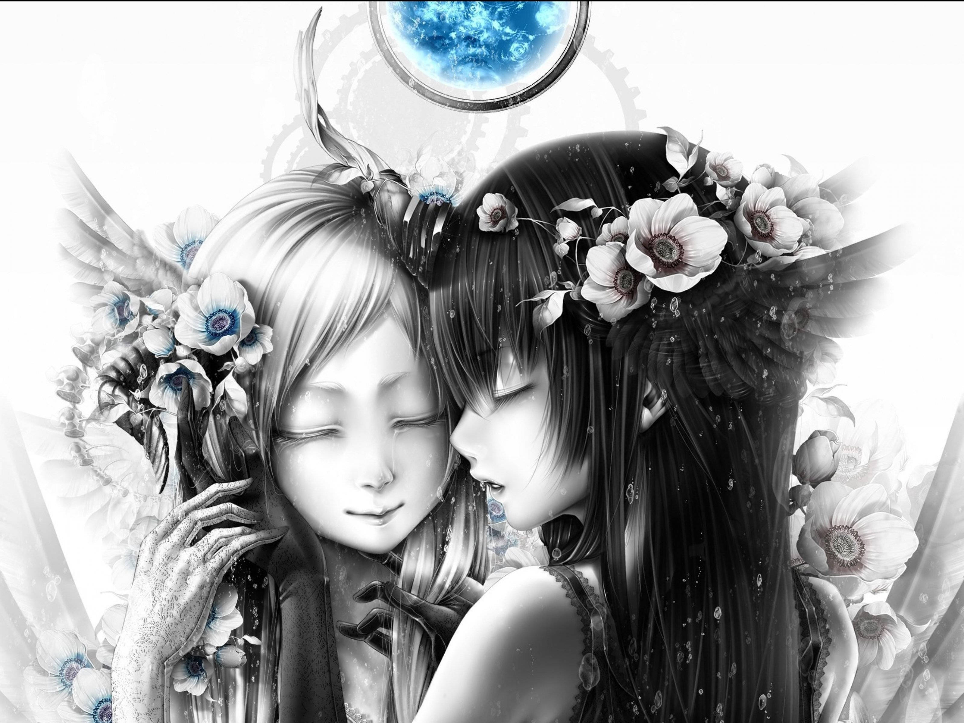 anime girl, floral crowns, feathered wings, 2K Desktop Wallpaper