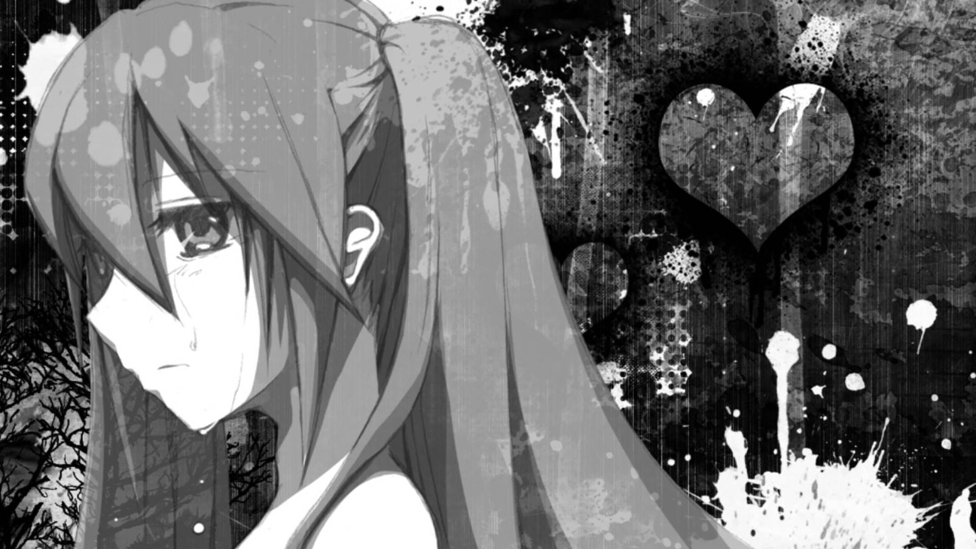 Sobbing Sad Anime Girl Black And White, monochrome, long hair, Full HD Desktop Wallpaper
