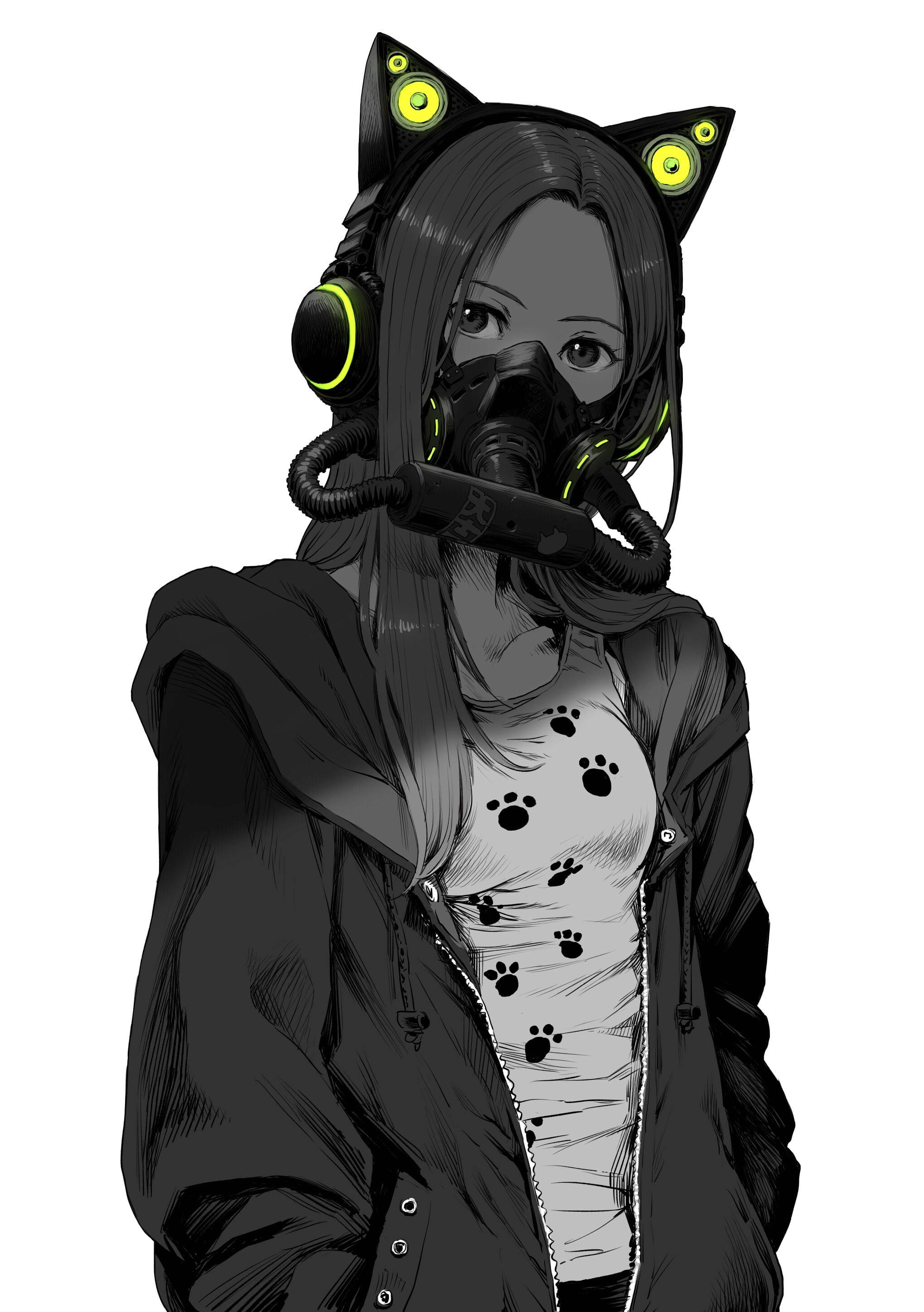 anime girl, black gas mask, glowing yellow cat ears, 2K Phone Wallpaper