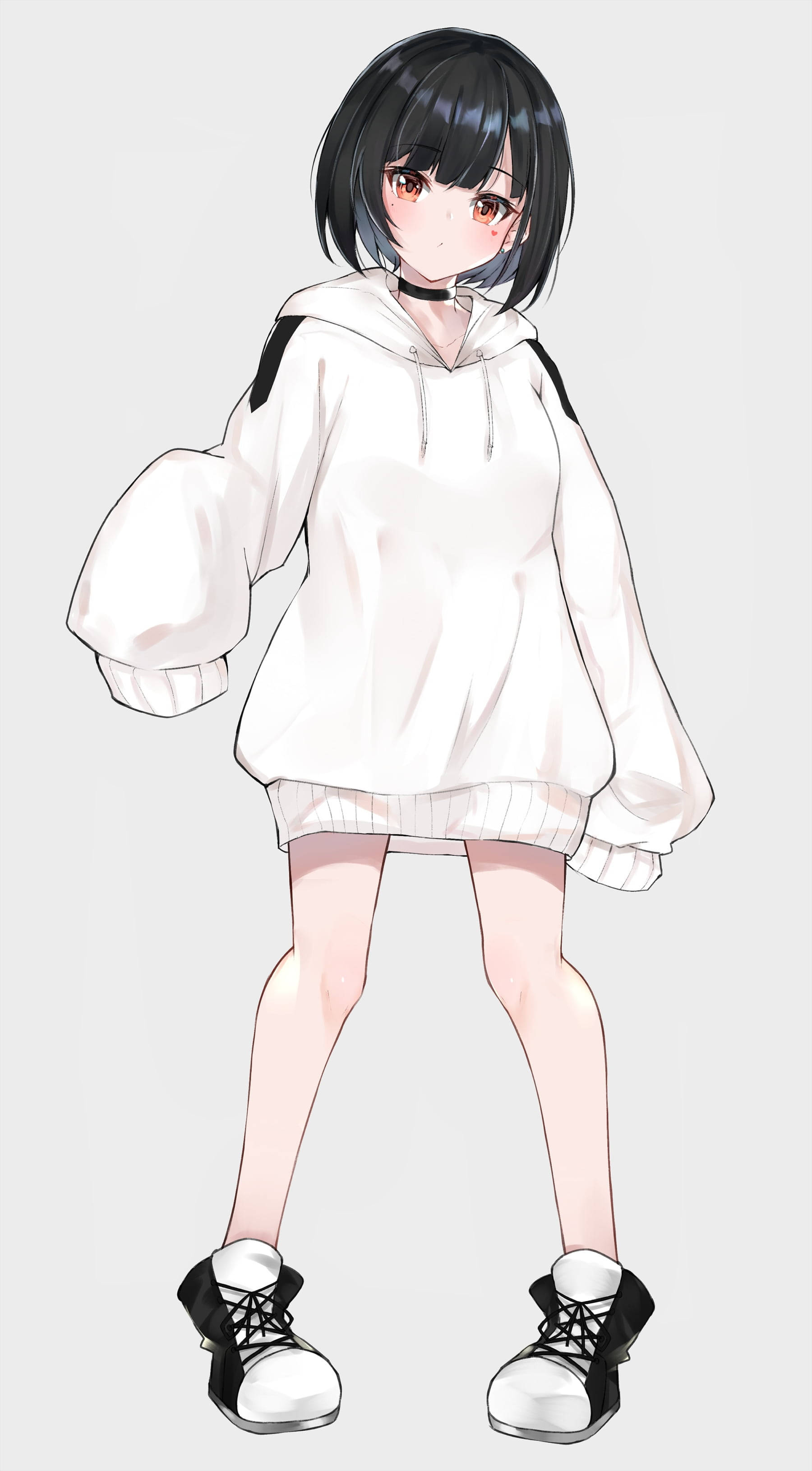 Sad Anime Girl Black And White, oversized hoodie, short black hair, 2K Phone Wallpaper