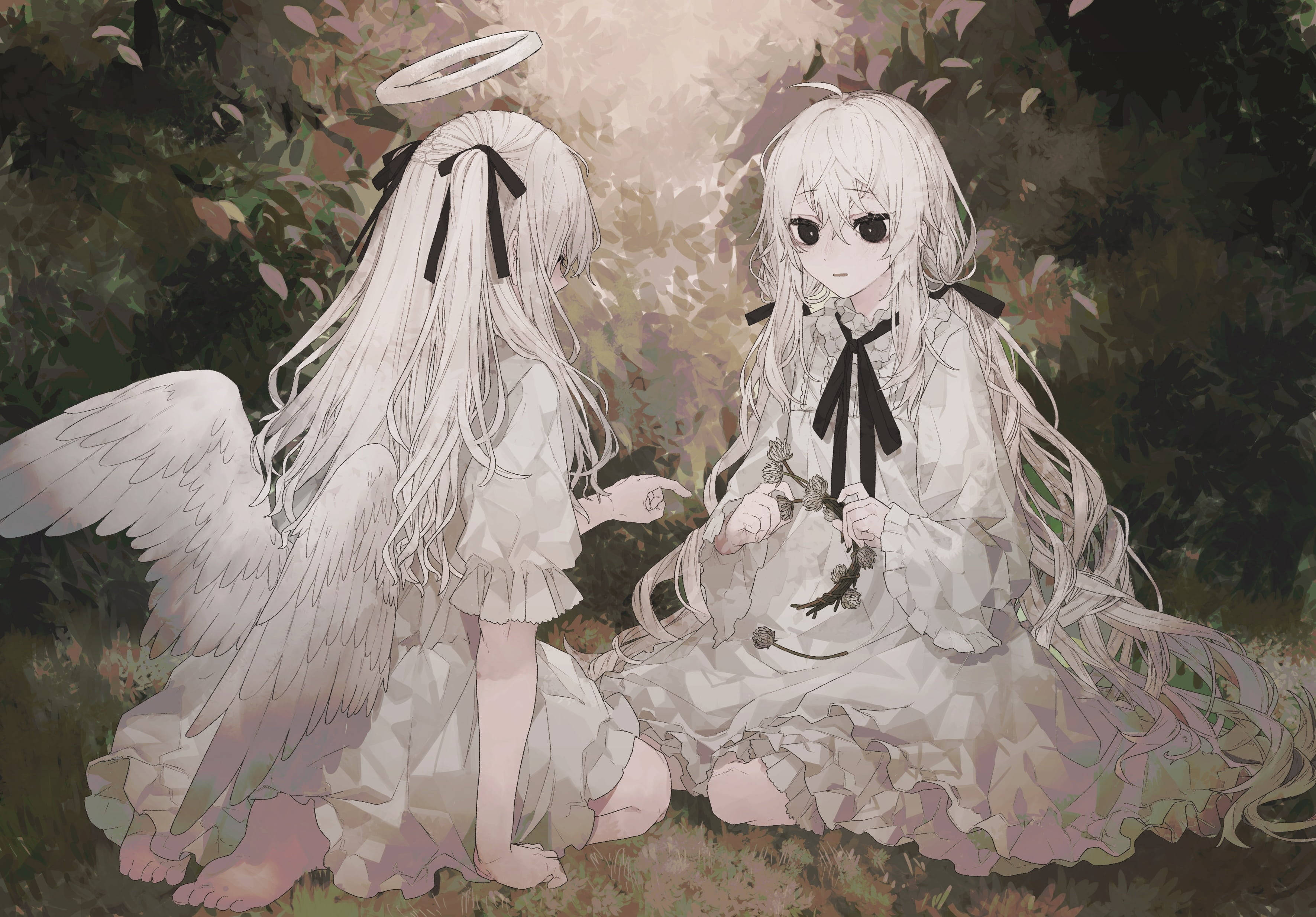 anime girl, angel wings, halos, 2K Desktop Wallpaper