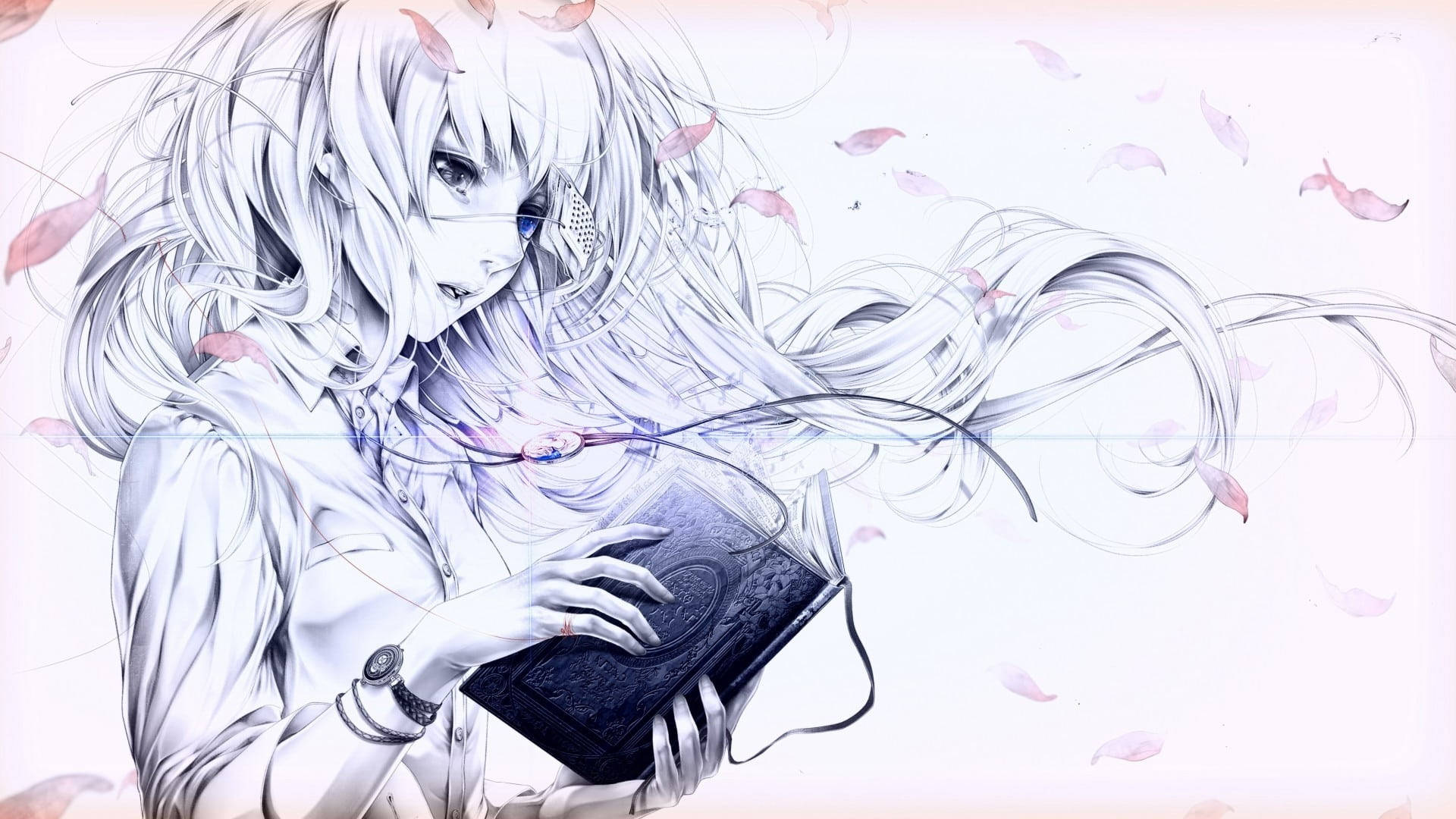 Sad Anime Girl, white hair, dark book, Full HD Desktop Wallpaper