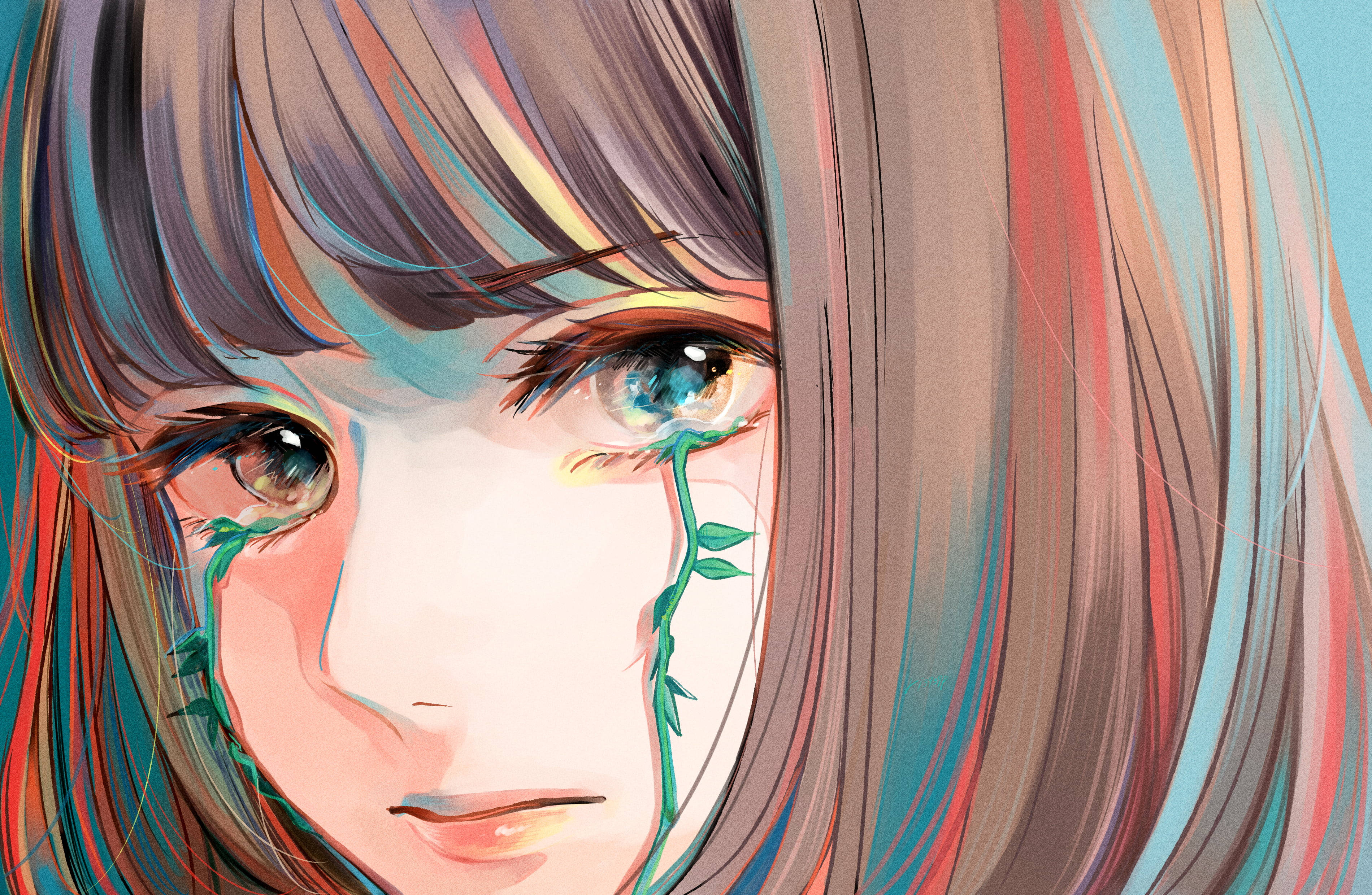 anime girl, tear drops, green vines, 2K Desktop Wallpaper