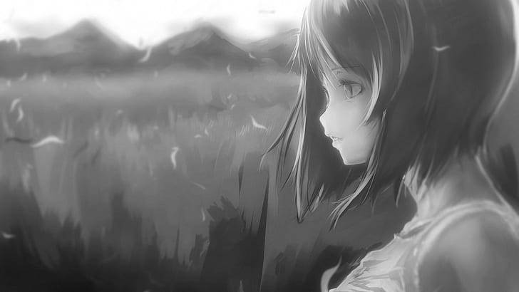 monochrome aesthetic, anime emo girl, misty field, SD Desktop Wallpaper