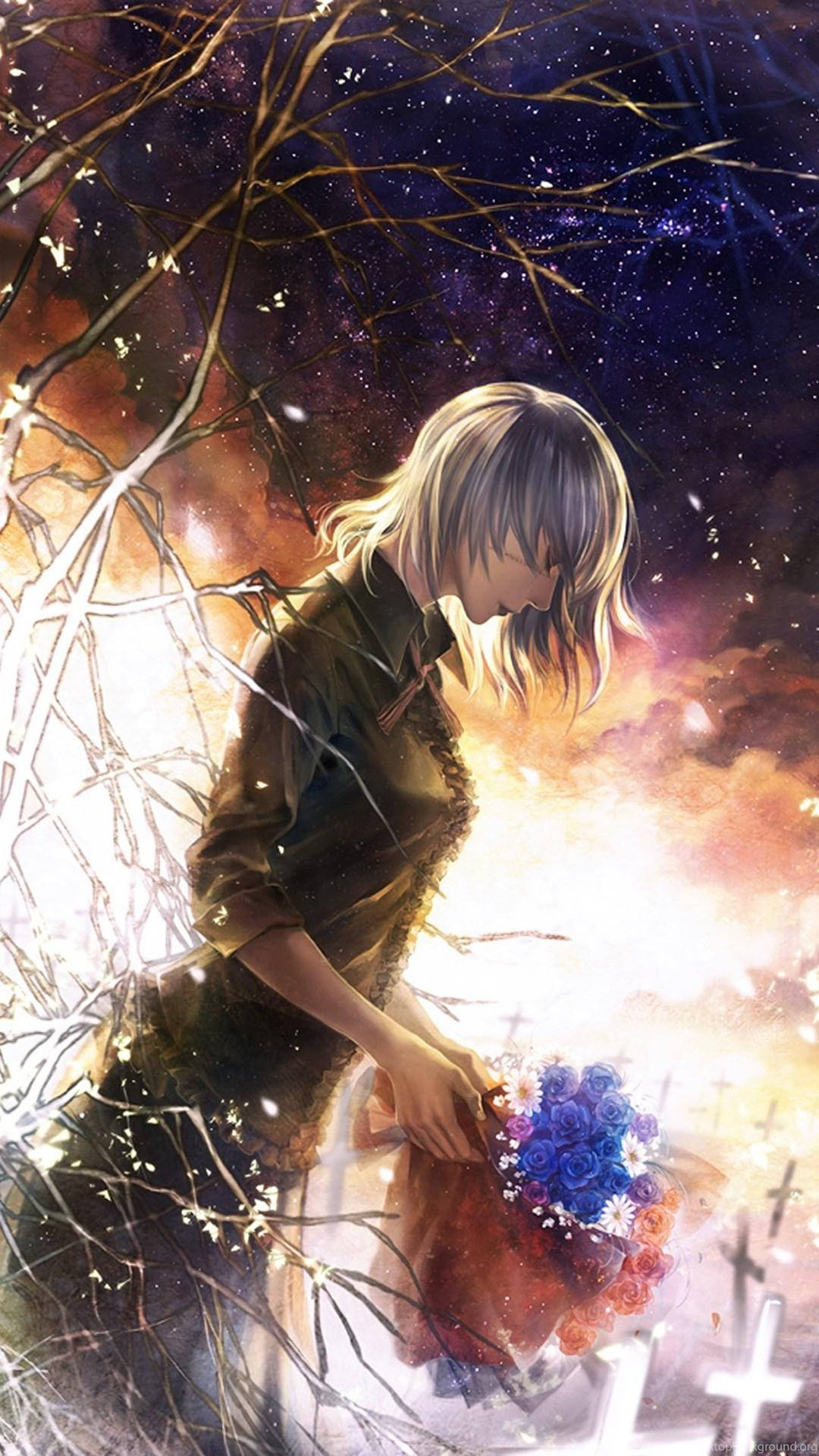 sad anime girl, cemetery, silver hair, Full HD Phone Wallpaper