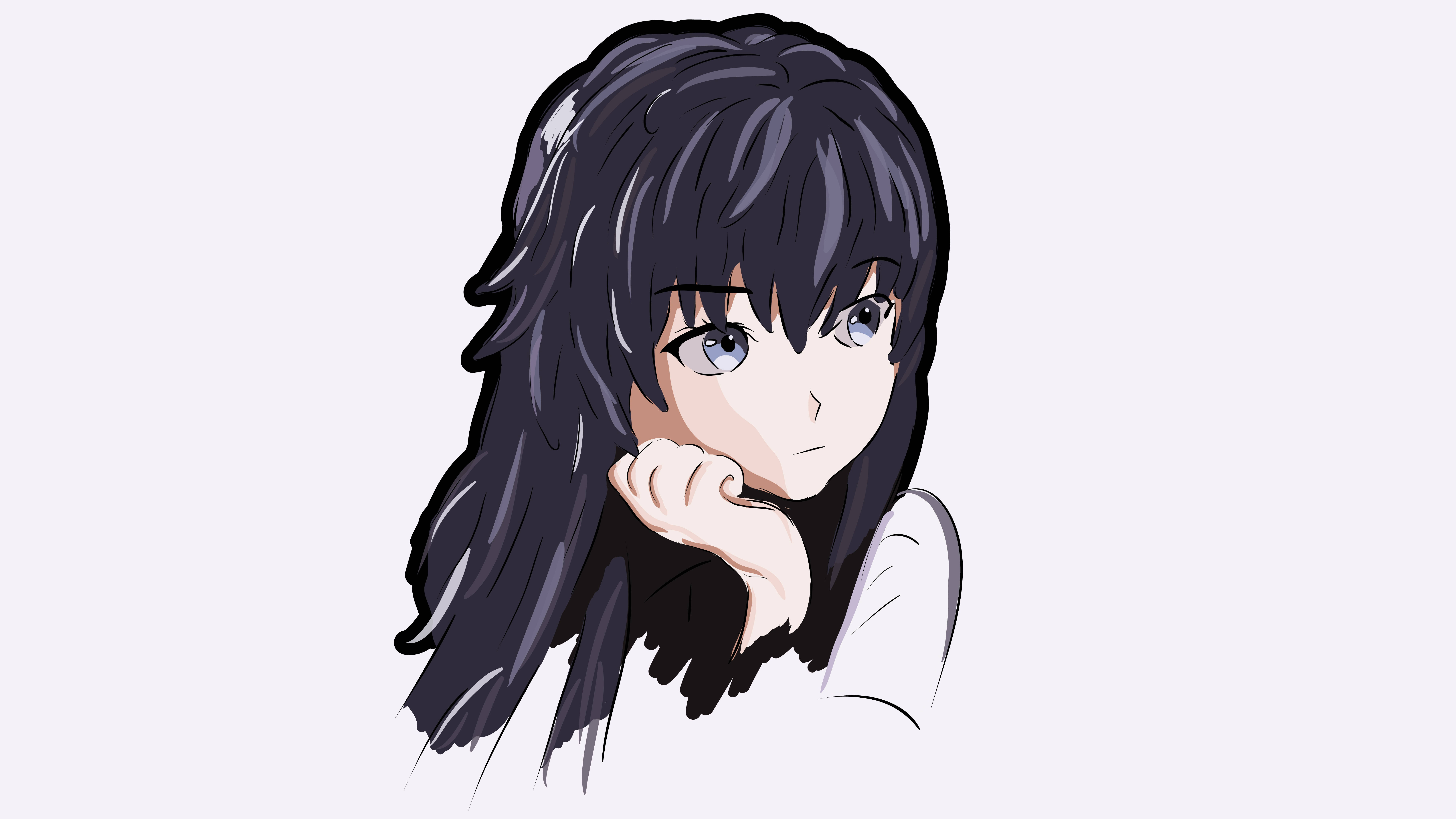 minimal sad animated girl, long dark hair, blue eyes, 8K Desktop Wallpaper