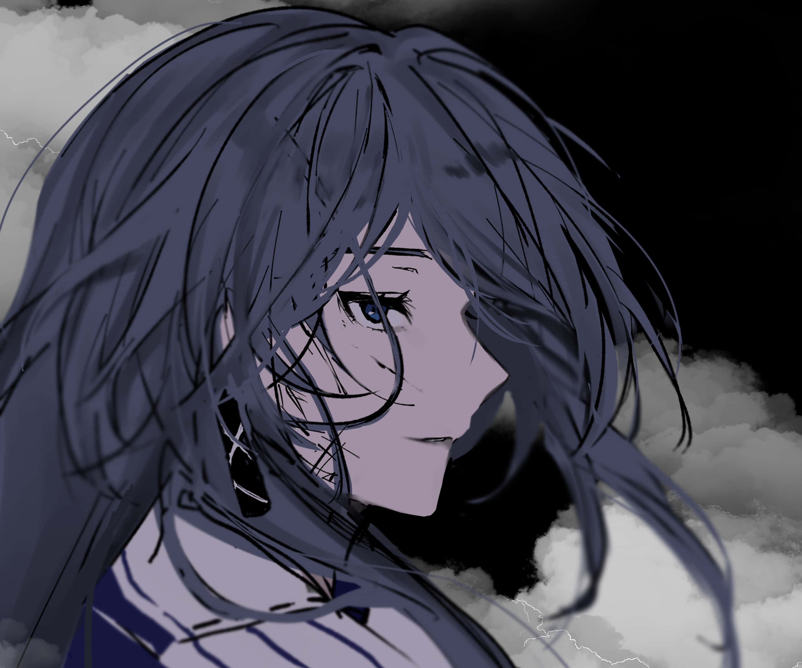 anime girl, dark hair, blue eyes, 2K Desktop Wallpaper