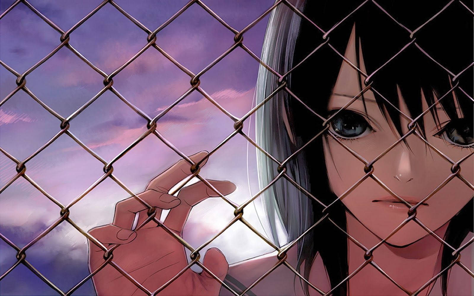 anime girl, silver hair, chain-link fence, HD Desktop Wallpaper