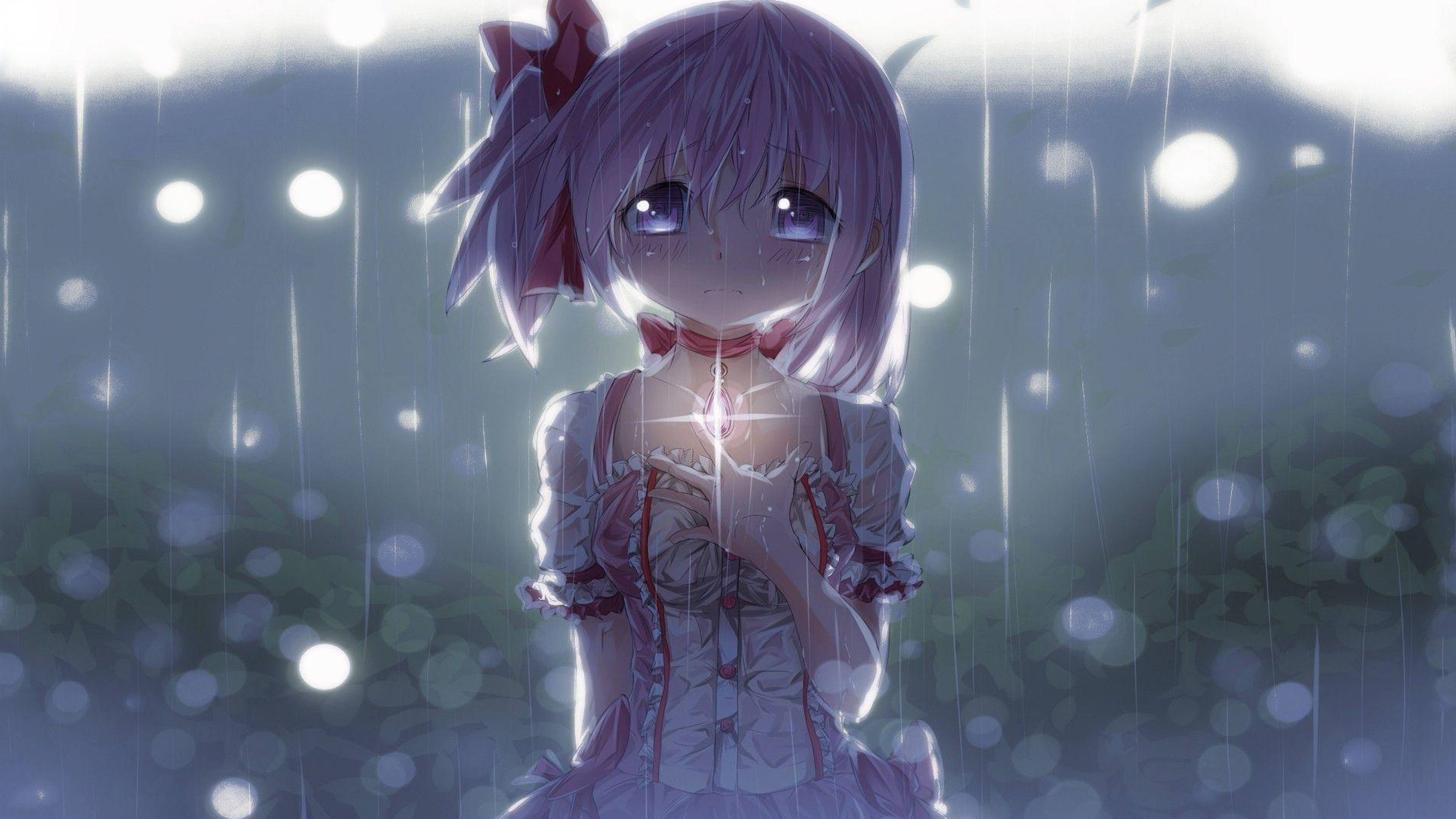 purple-haired anime girl, frilly dress, glowing orb, 4K Desktop Wallpaper