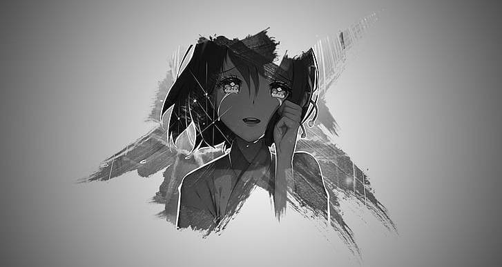 anime girl, tearful eyes, monochrome, SD Desktop Wallpaper