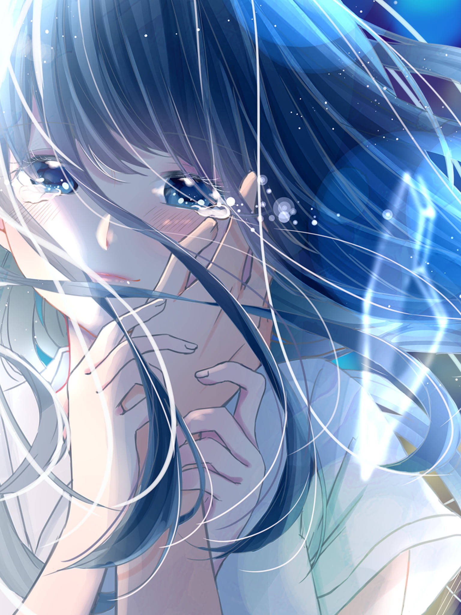 anime girl, blue hair, glowing eyes, Full HD Phone Wallpaper