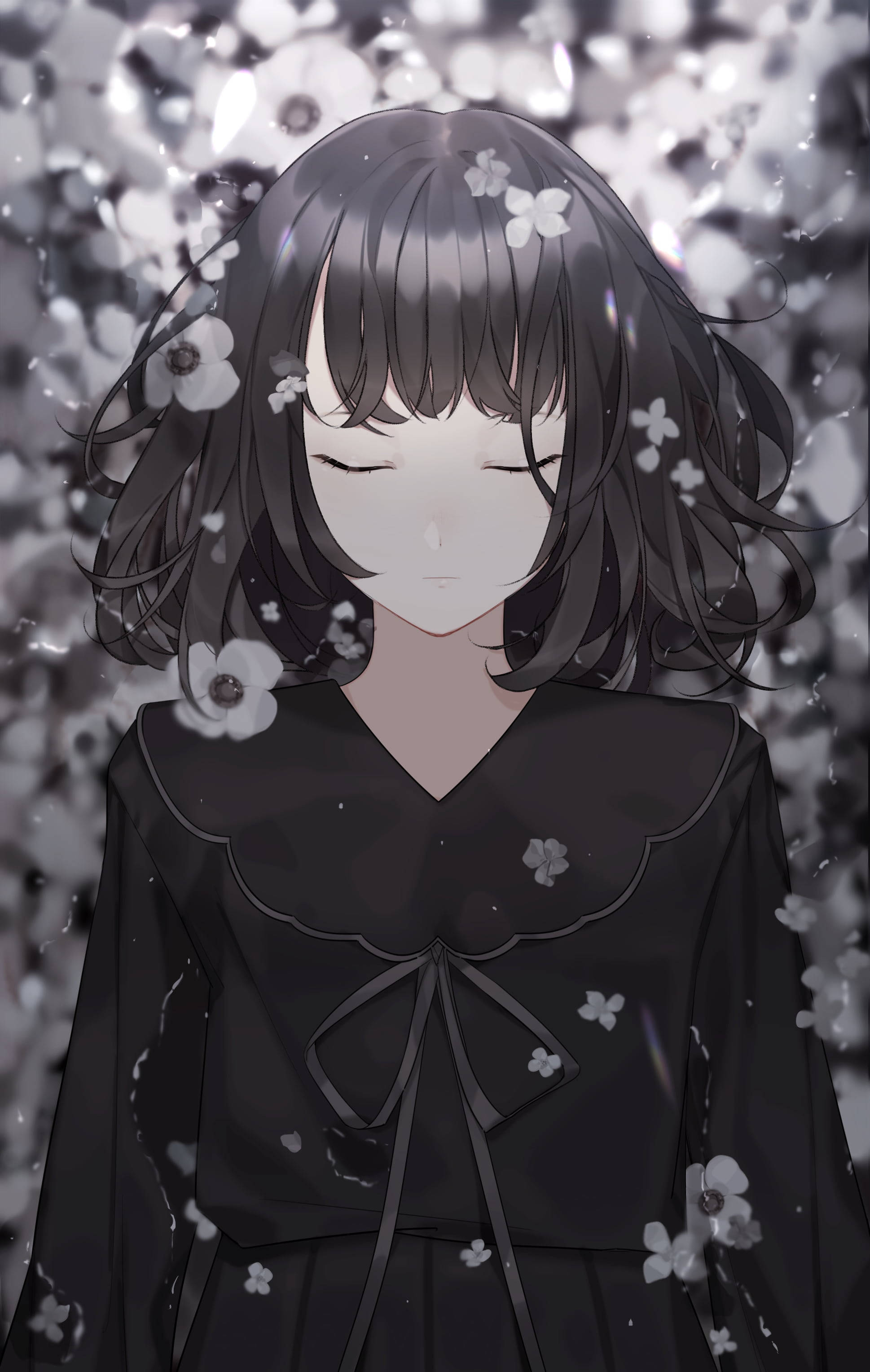Sad Anime Girl, black and white, white flowers, 2K Phone Wallpaper