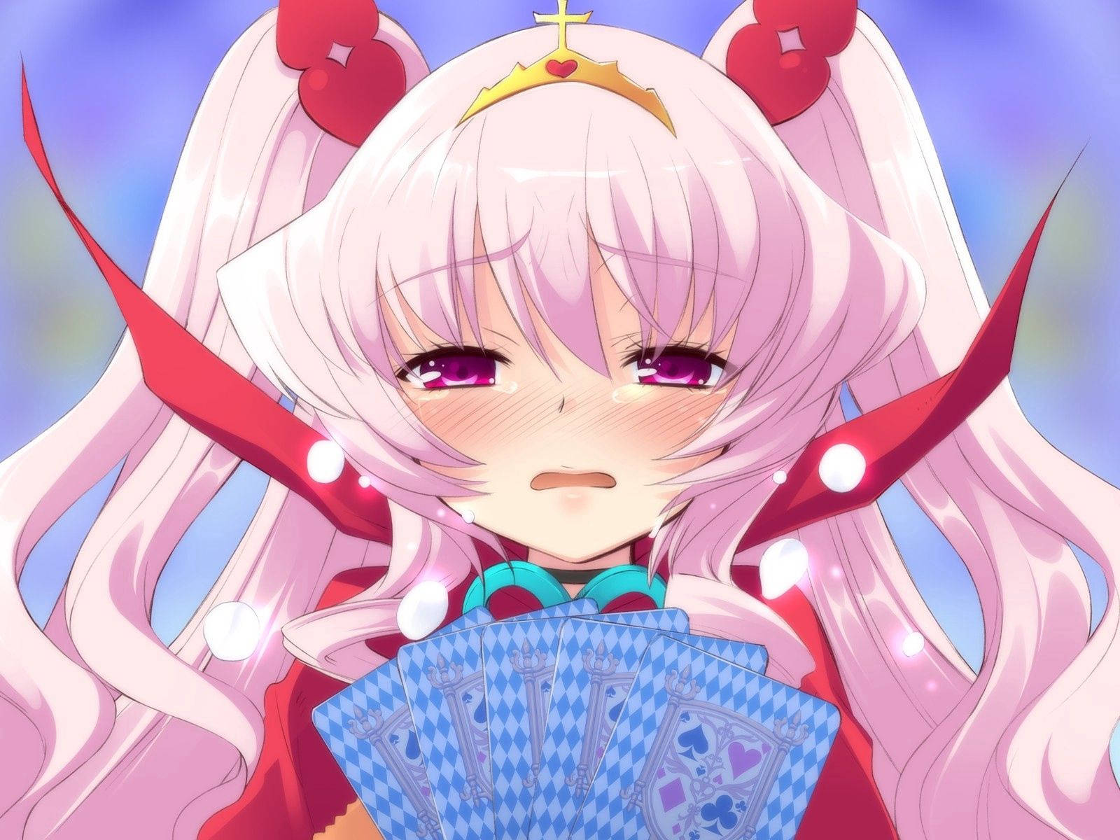 sad anime girl, pink hair, red horns, HD Desktop Wallpaper