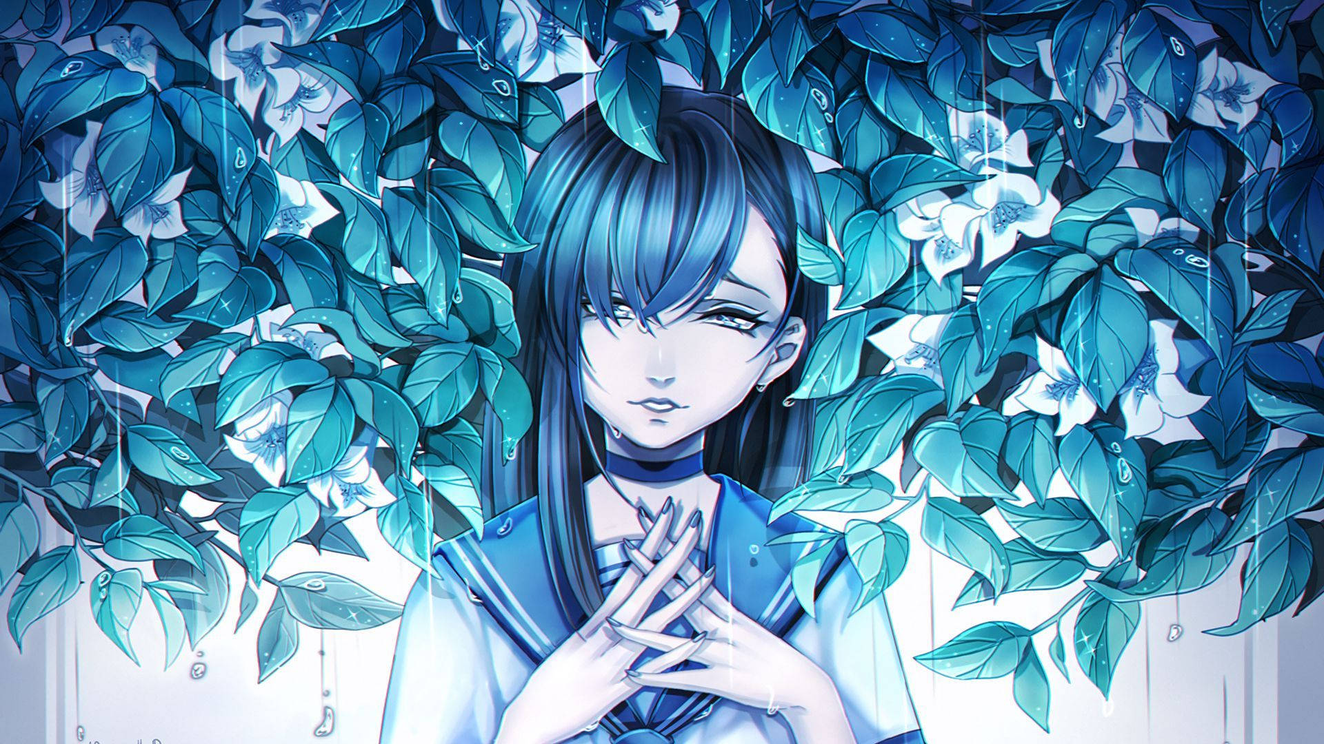 blue-haired anime girl, sailor uniform, teal foliage, Full HD Desktop Wallpaper